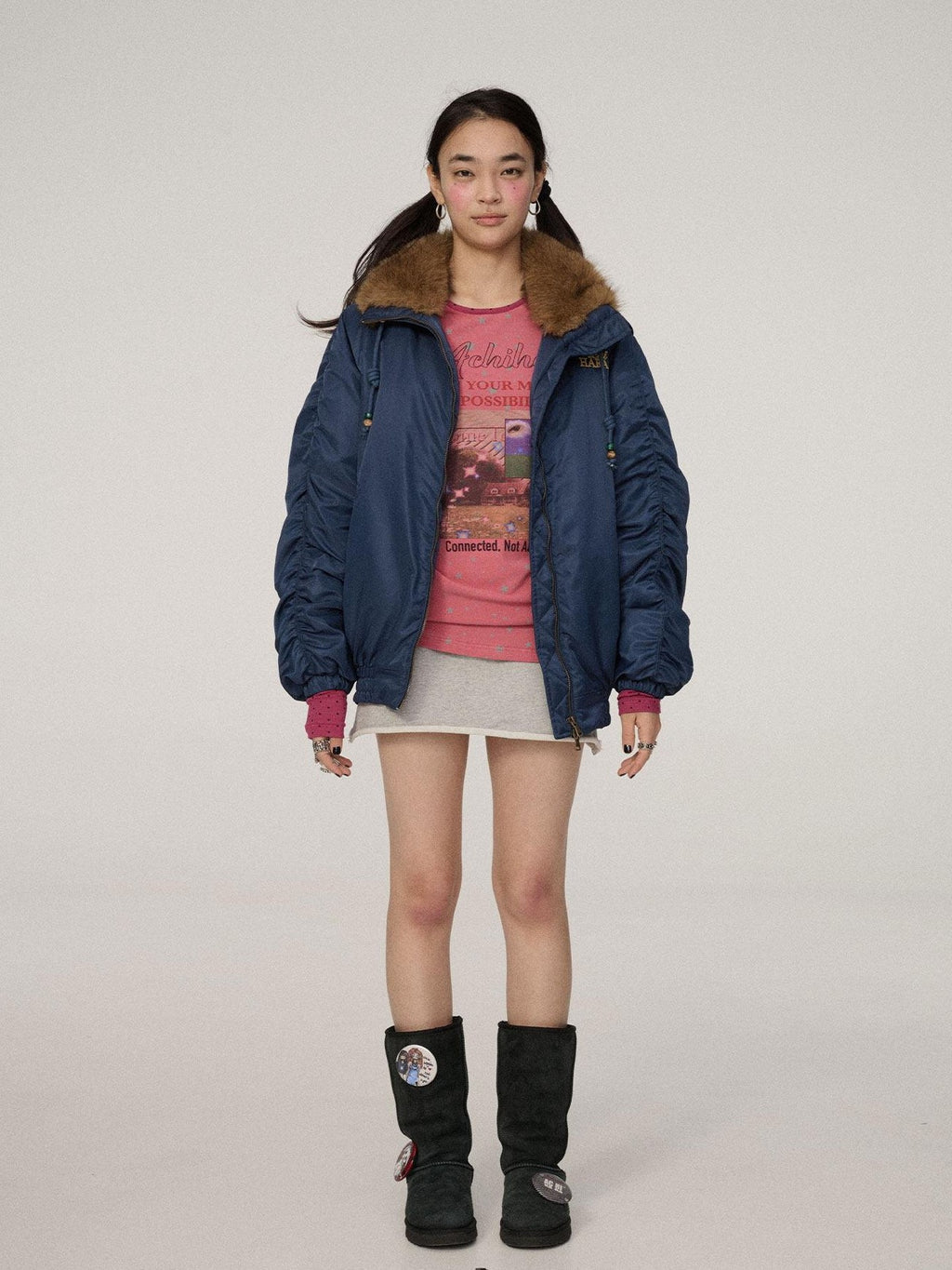 Achihara Olive Green Fur Collar Cropped Women'S Cotton Puffer Jackets