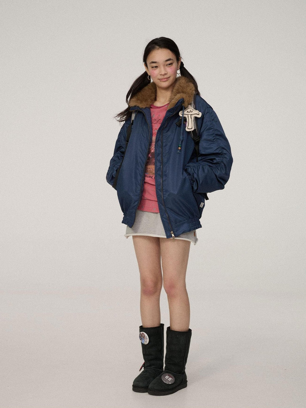 Achihara Olive Green Fur Collar Cropped Women'S Cotton Puffer Jackets