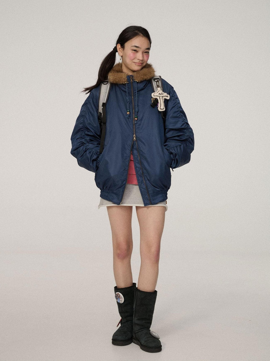 Achihara Olive Green Fur Collar Cropped Women'S Cotton Puffer Jackets