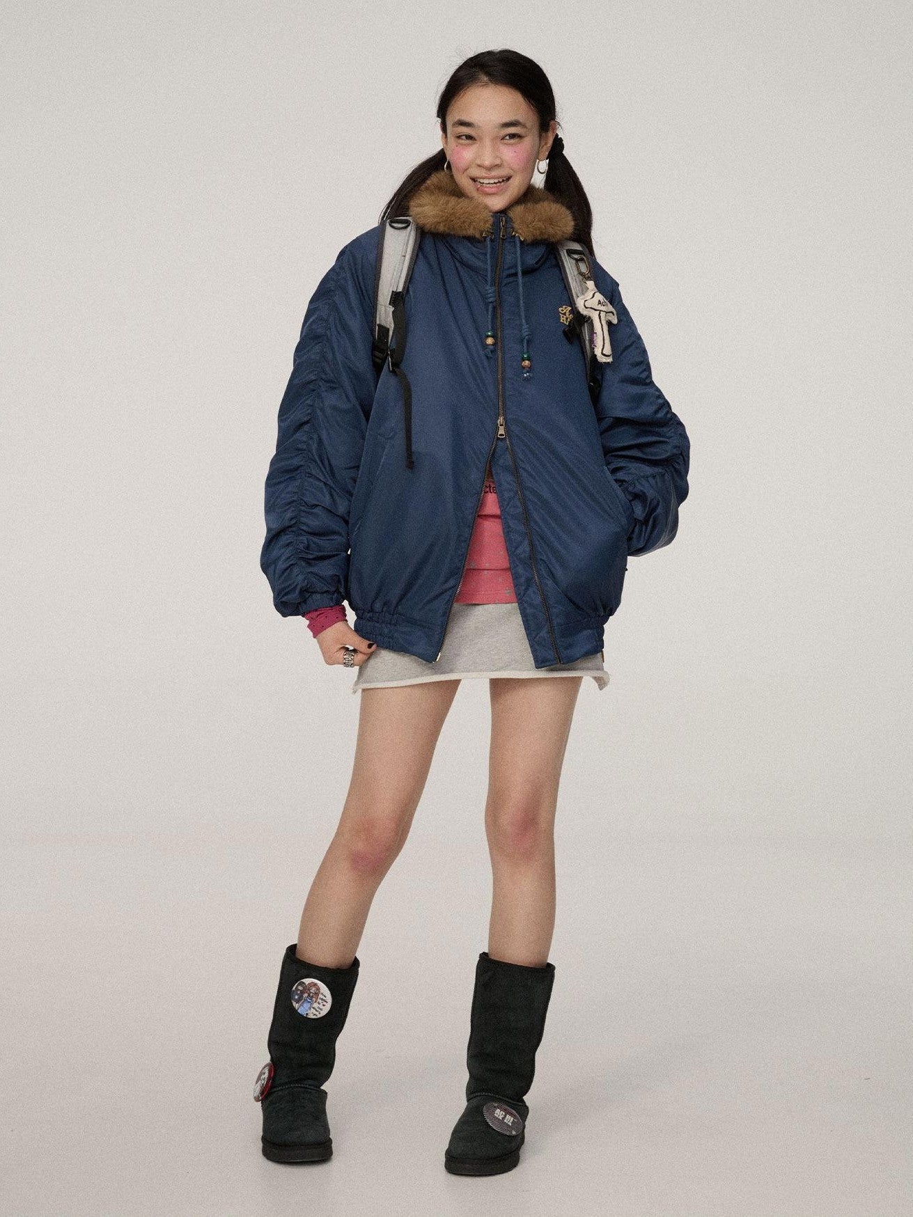 Achihara Olive Green Fur Collar Cropped Women'S Cotton Puffer Jackets
