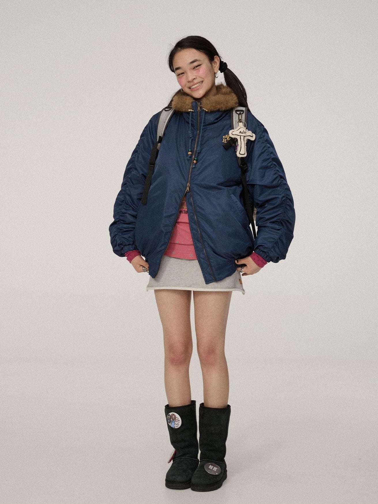 Achihara Olive Green Fur Collar Cropped Women'S Cotton Puffer Jackets