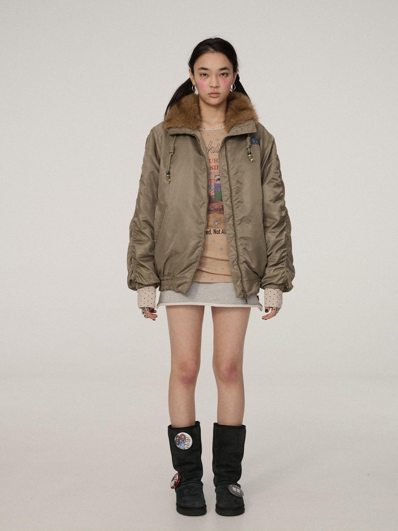 Achihara Olive Green Fur Collar Cropped Women'S Cotton Puffer Jackets