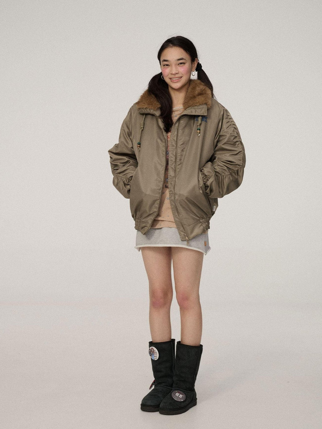 Achihara Olive Green Fur Collar Cropped Women'S Cotton Puffer Jackets