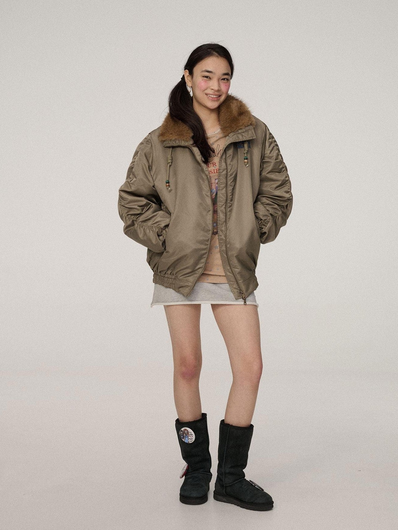 Achihara Olive Green Fur Collar Cropped Women'S Cotton Puffer Jackets