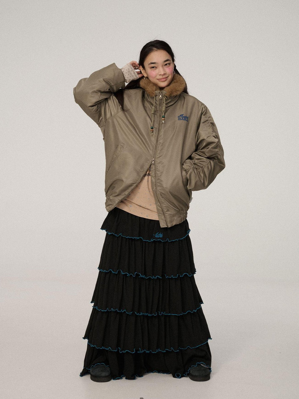 Achihara Olive Green Fur Collar Cropped Women'S Cotton Puffer Jackets
