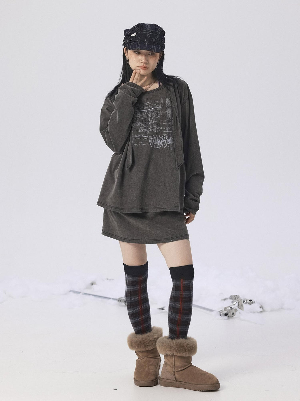 Achihara Oxidized Washed Crew Neck Long Sleeve Loose Fit Mid Length Women'S Sweatshirts