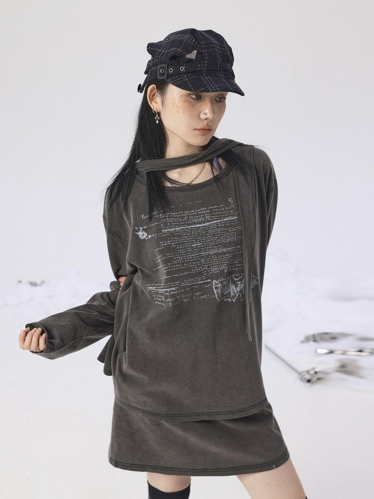 Achihara Oxidized Washed Crew Neck Long Sleeve Loose Fit Mid Length Women'S Sweatshirts