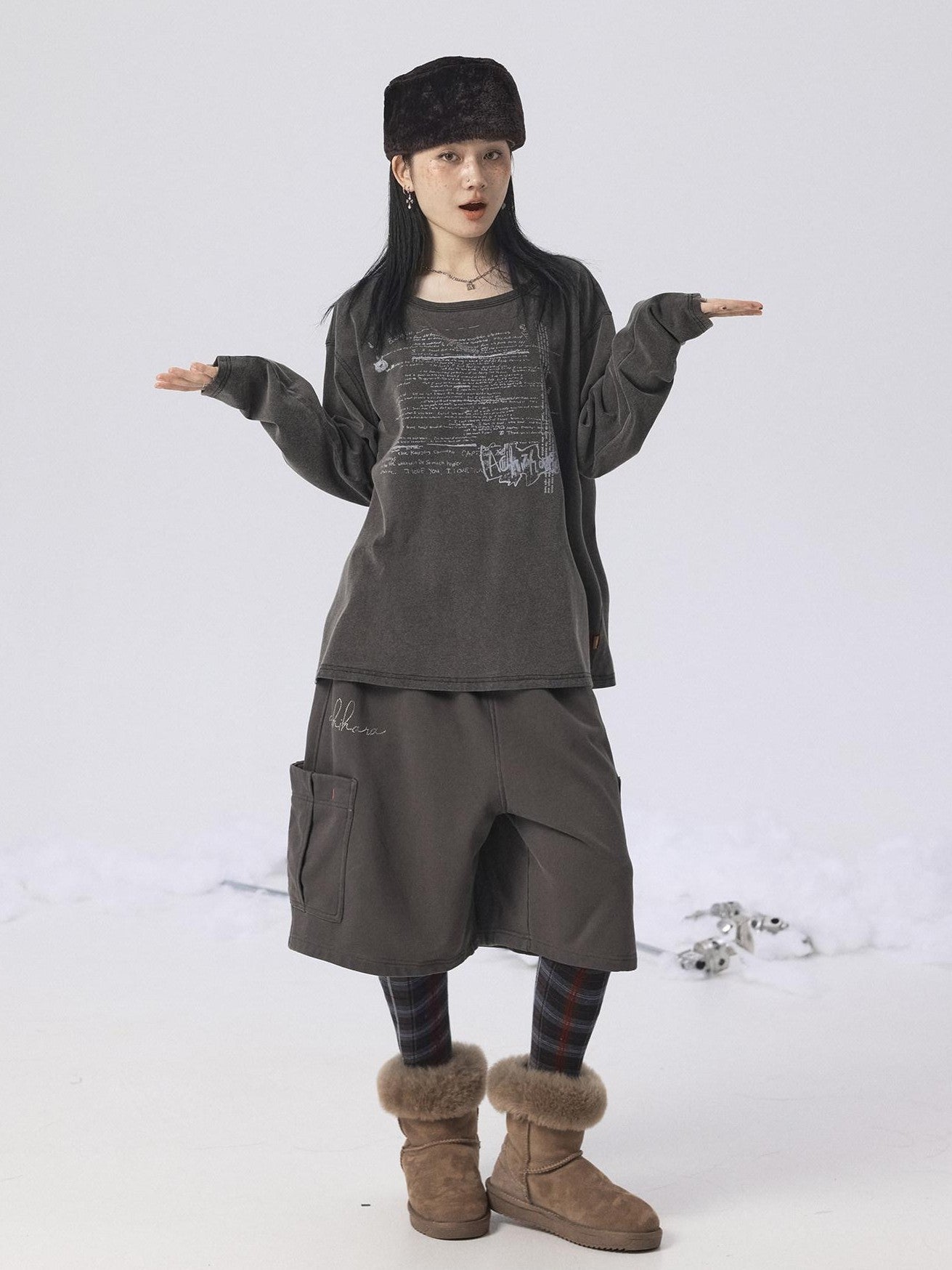 Achihara Oxidized Washed Crew Neck Long Sleeve Loose Fit Mid Length Women'S Sweatshirts