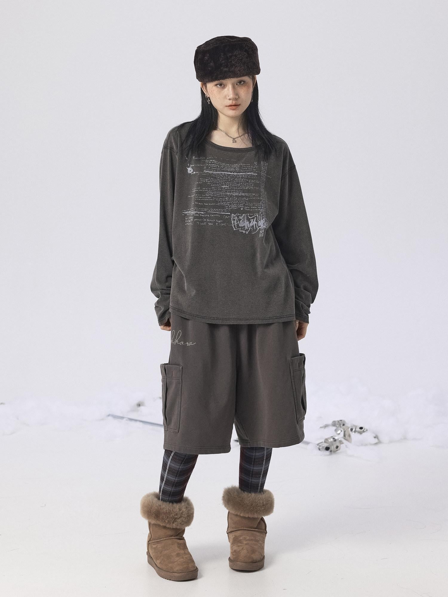 Achihara Oxidized Washed Crew Neck Long Sleeve Loose Fit Mid Length Women'S Sweatshirts