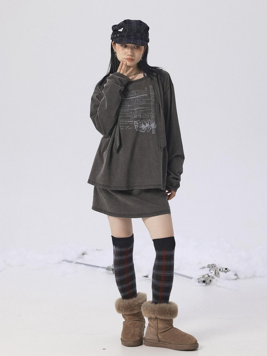 Achihara Oxidized Washed Crew Neck Long Sleeve Loose Fit Mid Length Women'S Sweatshirts