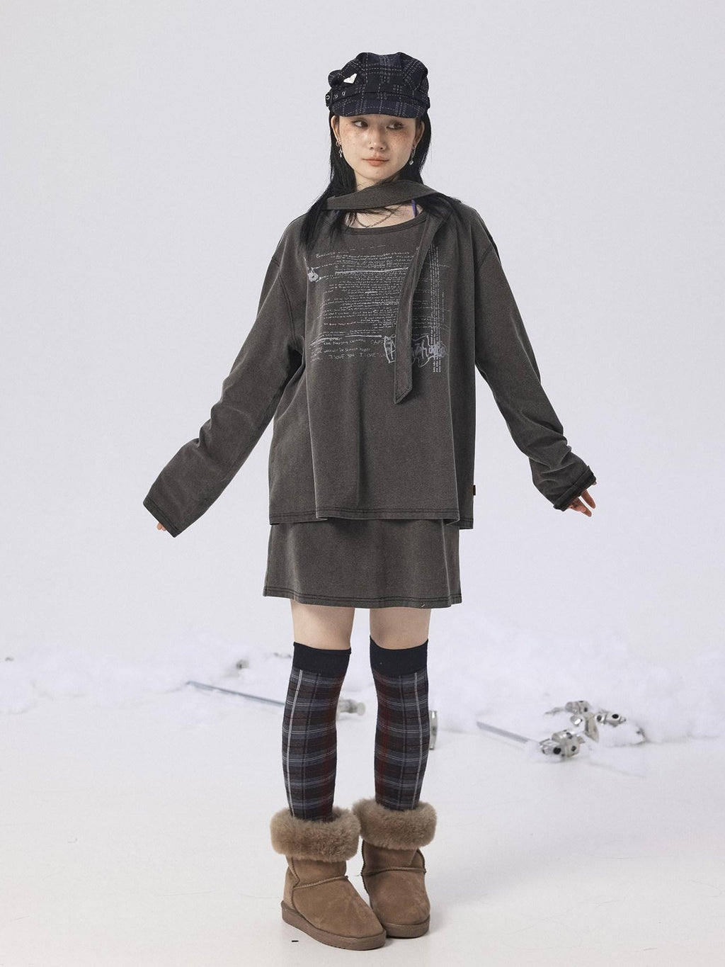 Achihara Oxidized Washed Crew Neck Long Sleeve Loose Fit Mid Length Women'S Sweatshirts