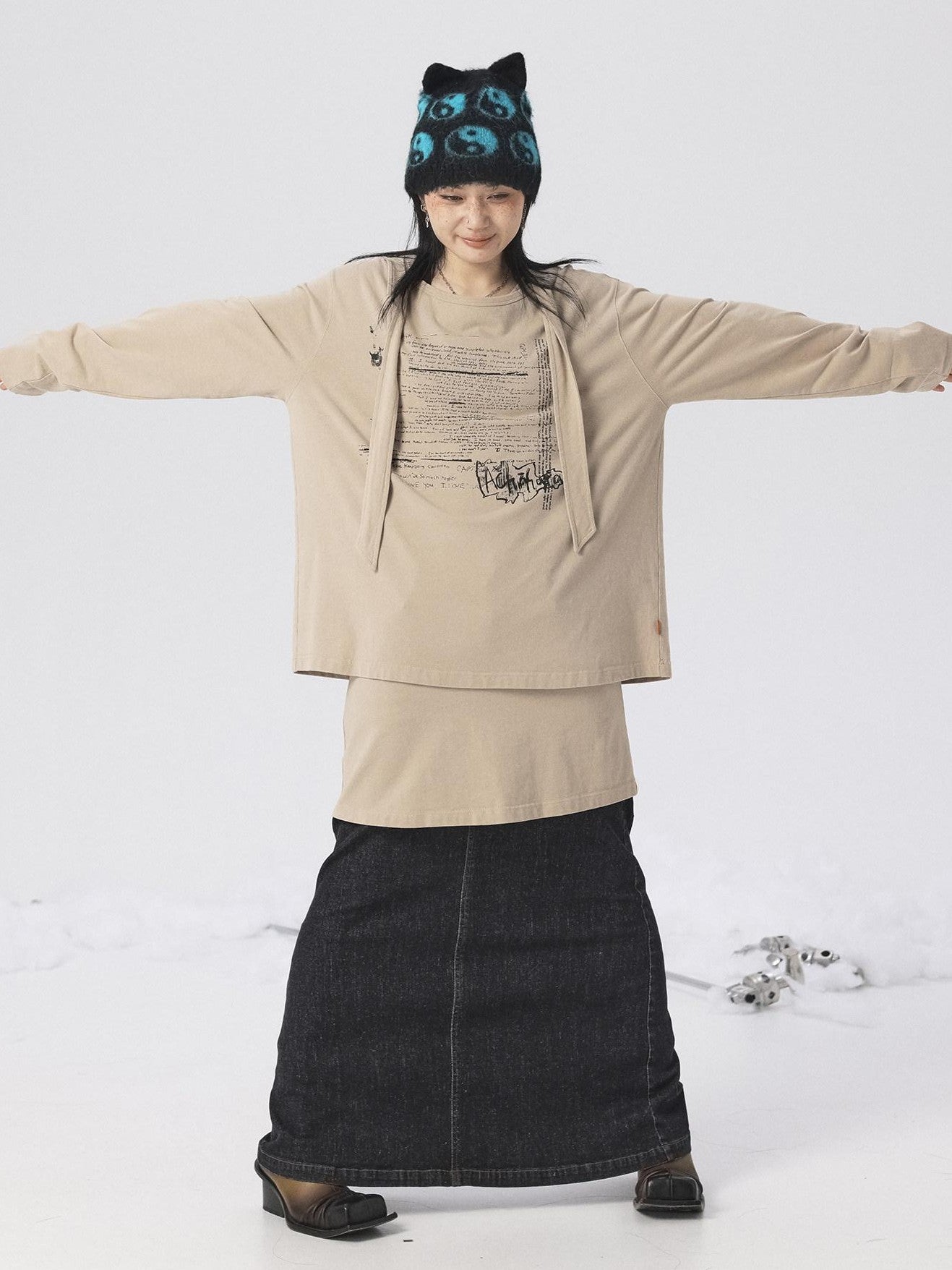 Achihara Oxidized Washed Crew Neck Long Sleeve Loose Fit Mid Length Women'S Sweatshirts