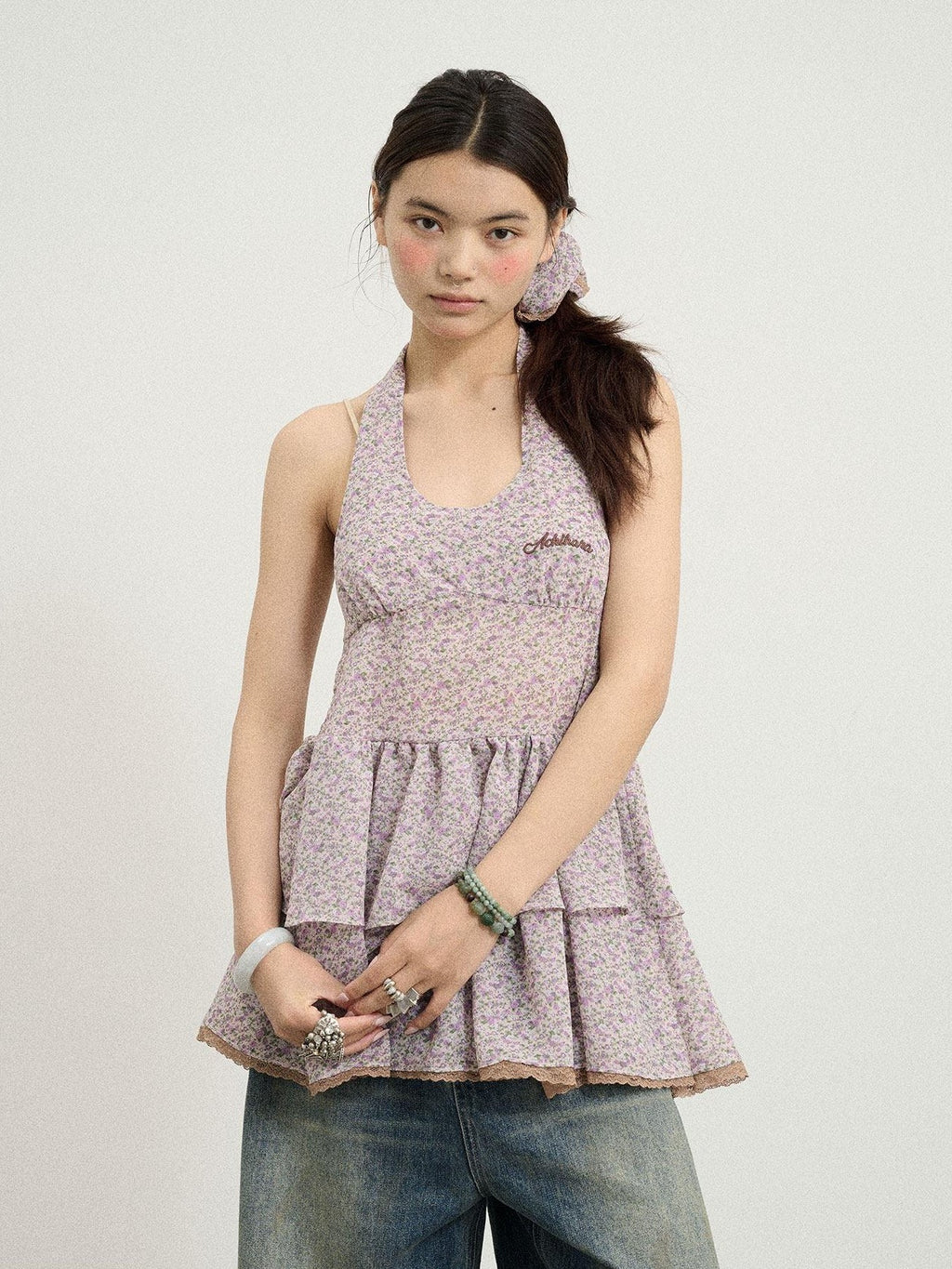 Achihara Pleated Halter Backless Short Women'S Polyester Casual Mini Dresses