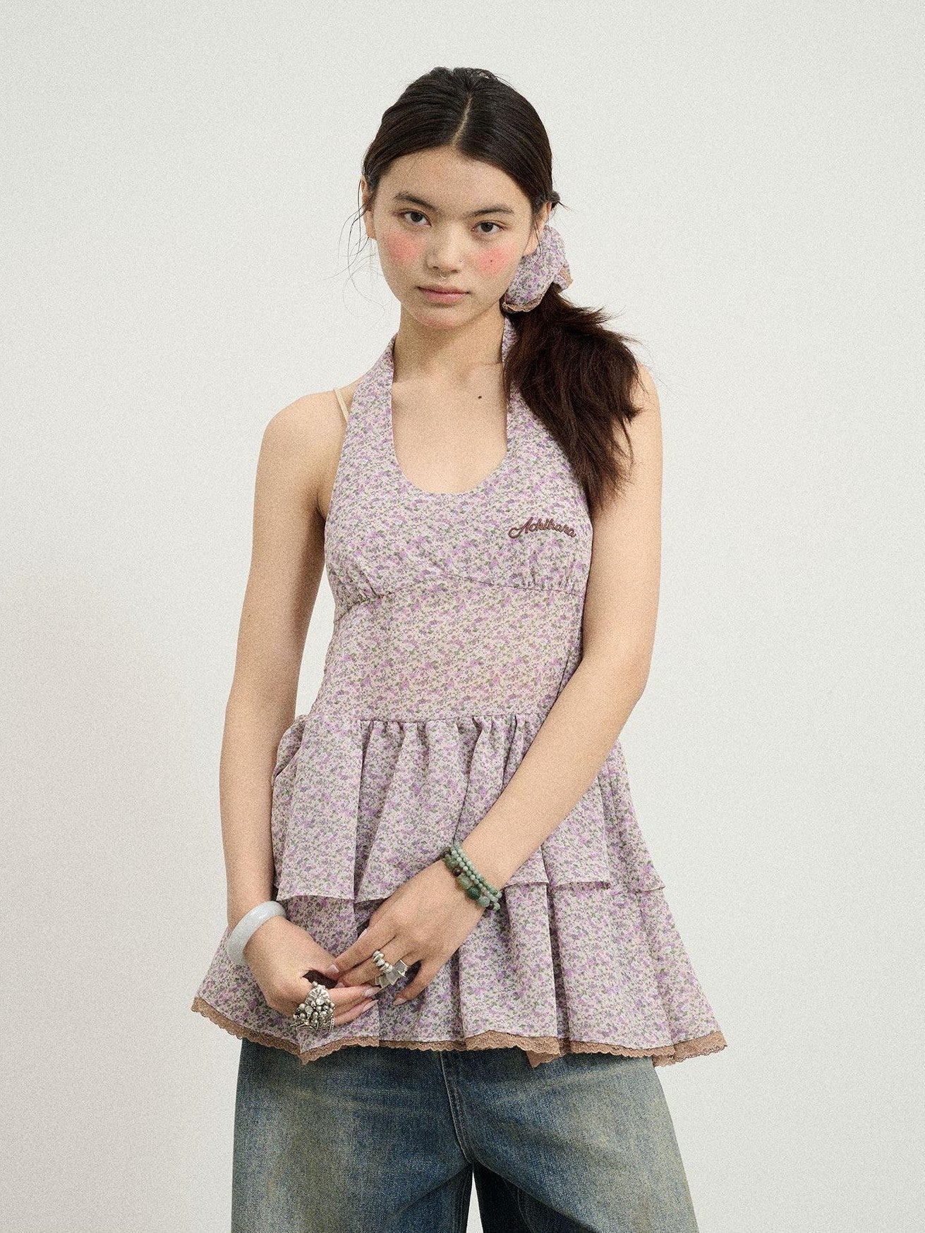 Achihara Pleated Halter Backless Short Women'S Polyester Casual Mini Dresses