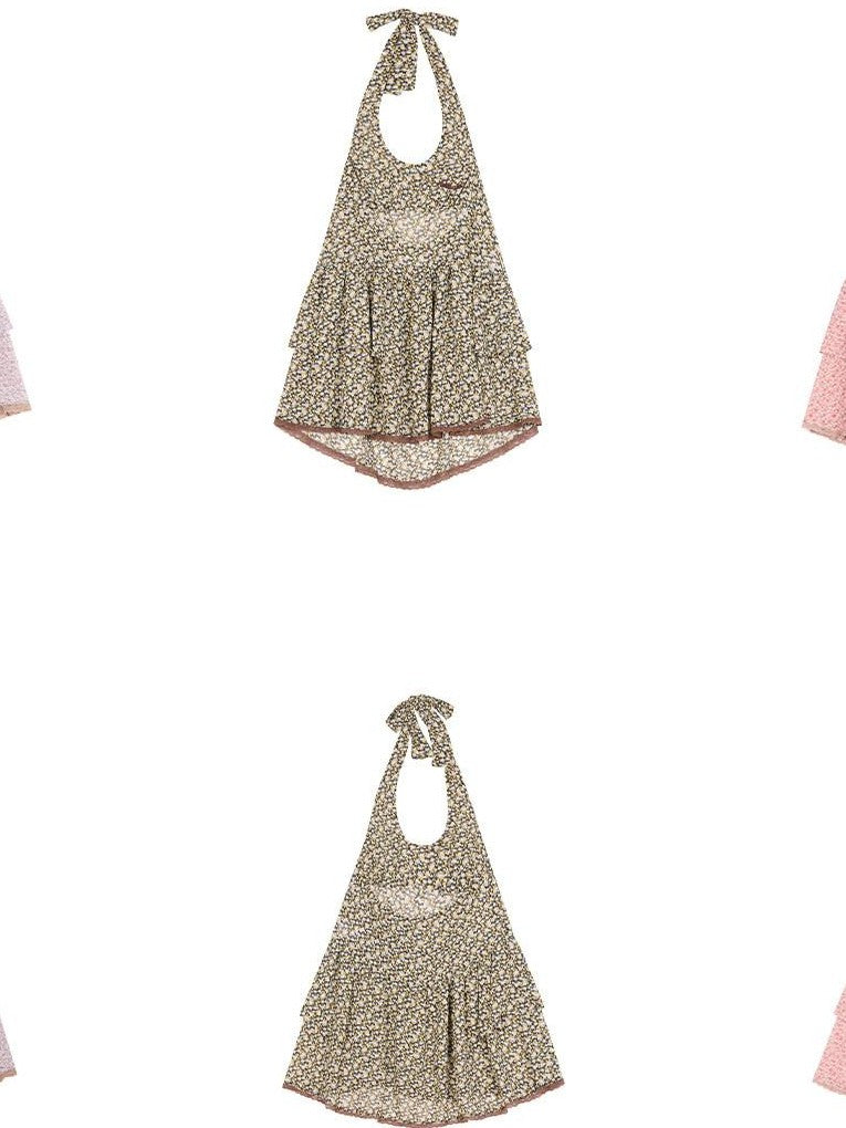 Achihara Pleated Halter Backless Short Women'S Polyester Casual Mini Dresses