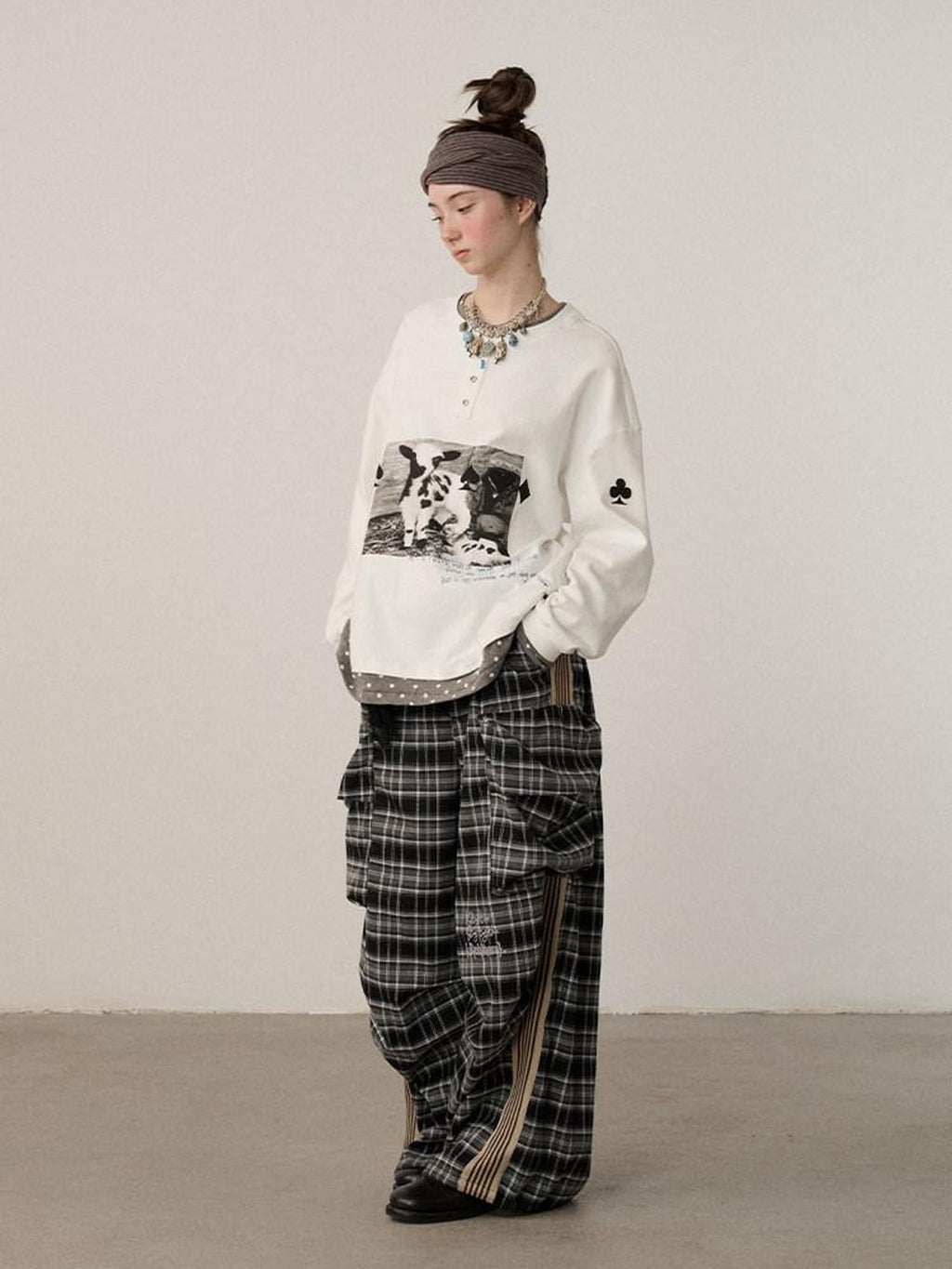 Achihara Poker Lamb Print Spliced Layered Women'S Cotton Long Sleeve T-Shirts