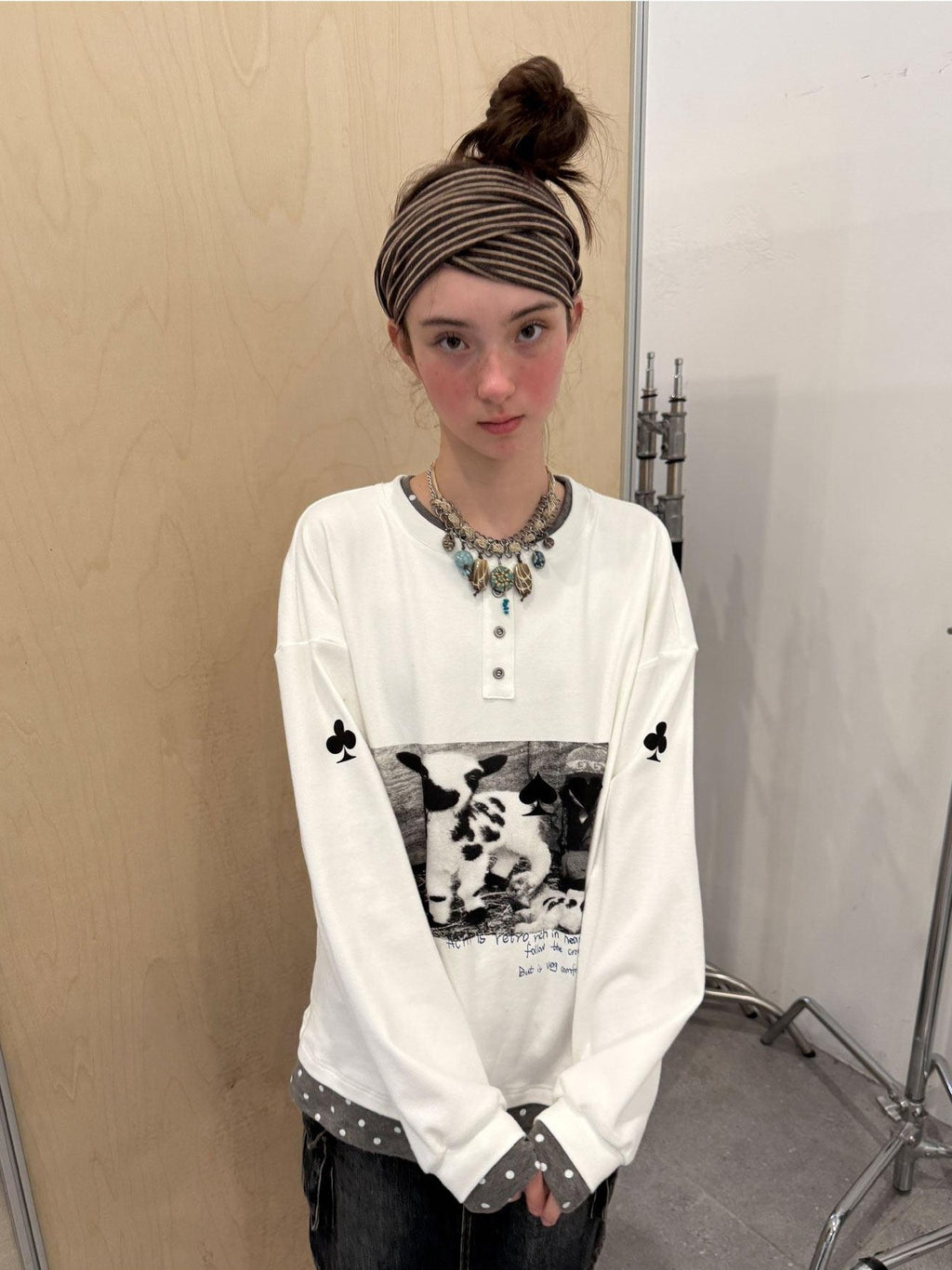 Achihara Poker Lamb Print Spliced Layered Women'S Cotton Long Sleeve T-Shirts
