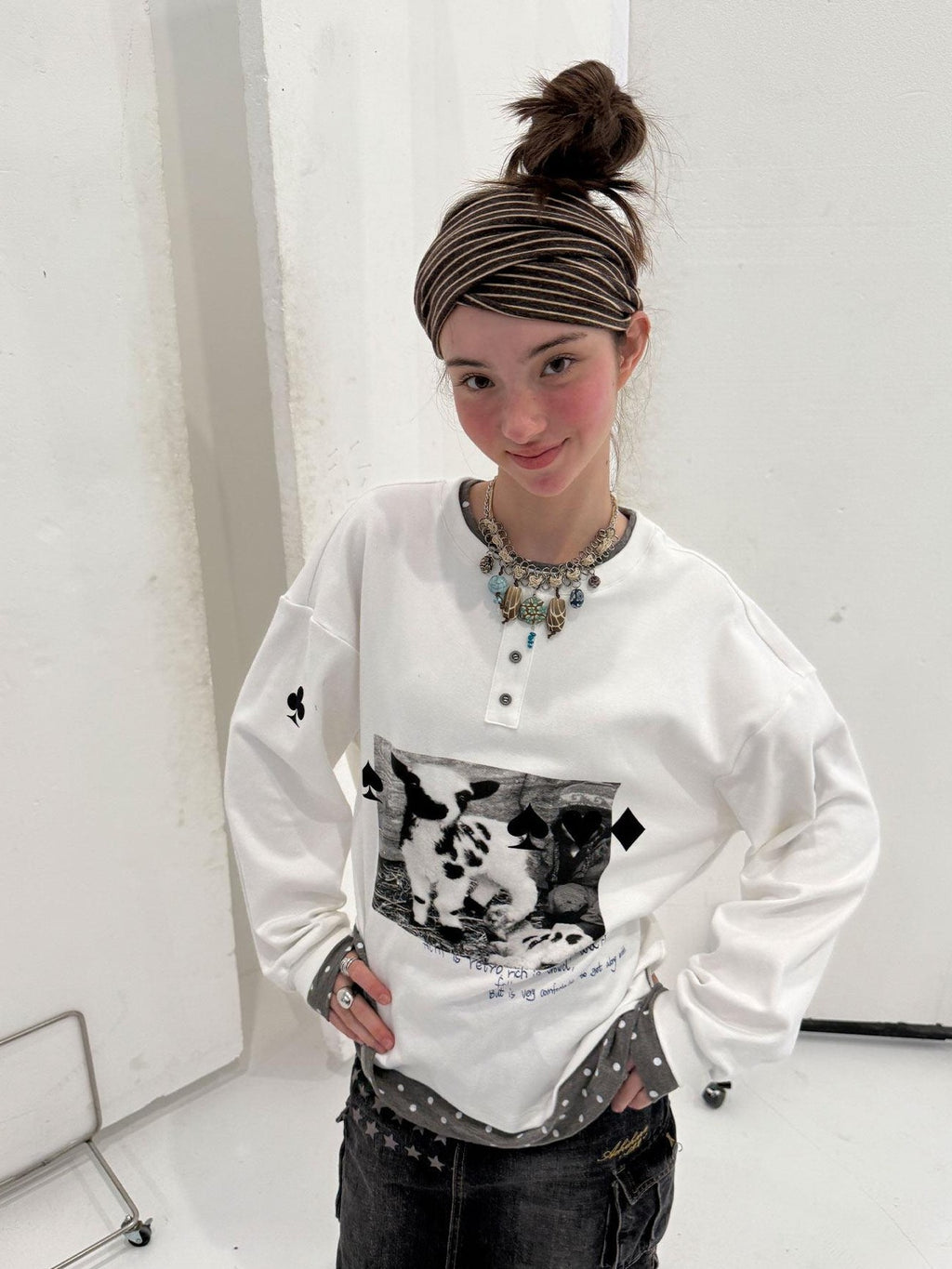 Achihara Poker Lamb Print Spliced Layered Women'S Cotton Long Sleeve T-Shirts