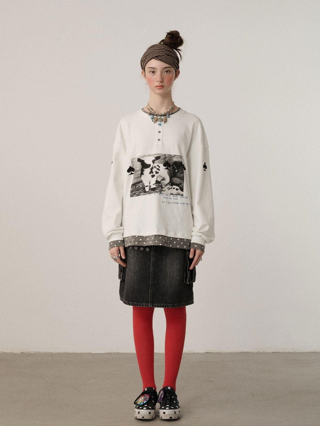 Achihara Poker Lamb Print Spliced Layered Women'S Cotton Long Sleeve T-Shirts