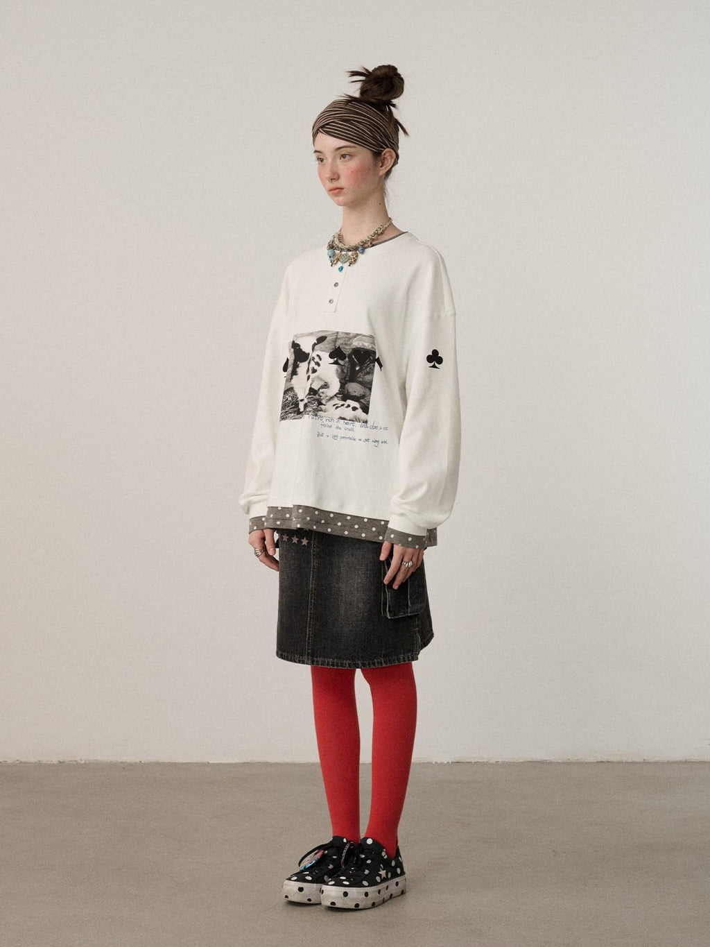 Achihara Poker Lamb Print Spliced Layered Women'S Cotton Long Sleeve T-Shirts