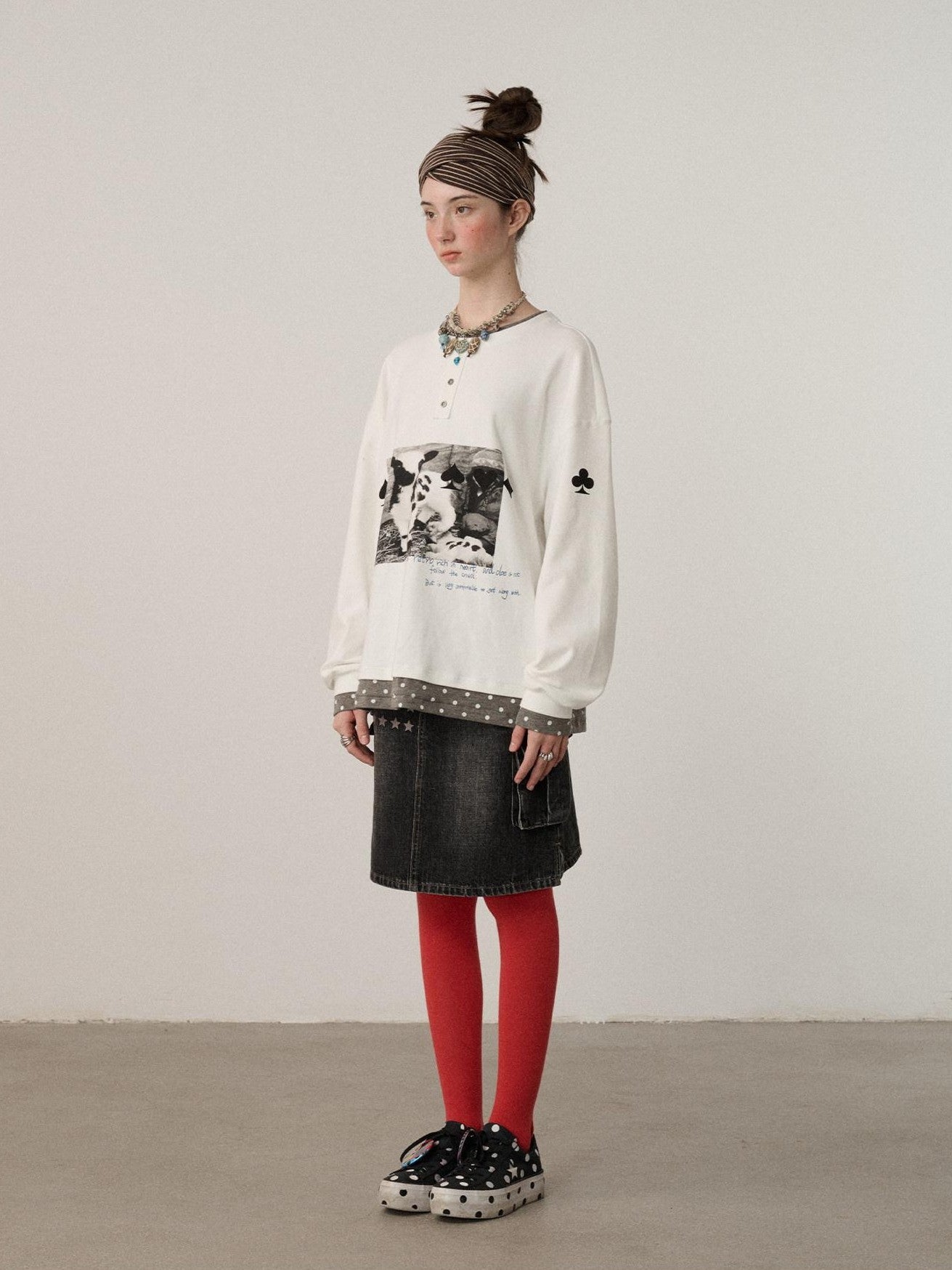 Achihara Poker Lamb Print Spliced Layered Women'S Cotton Long Sleeve T-Shirts