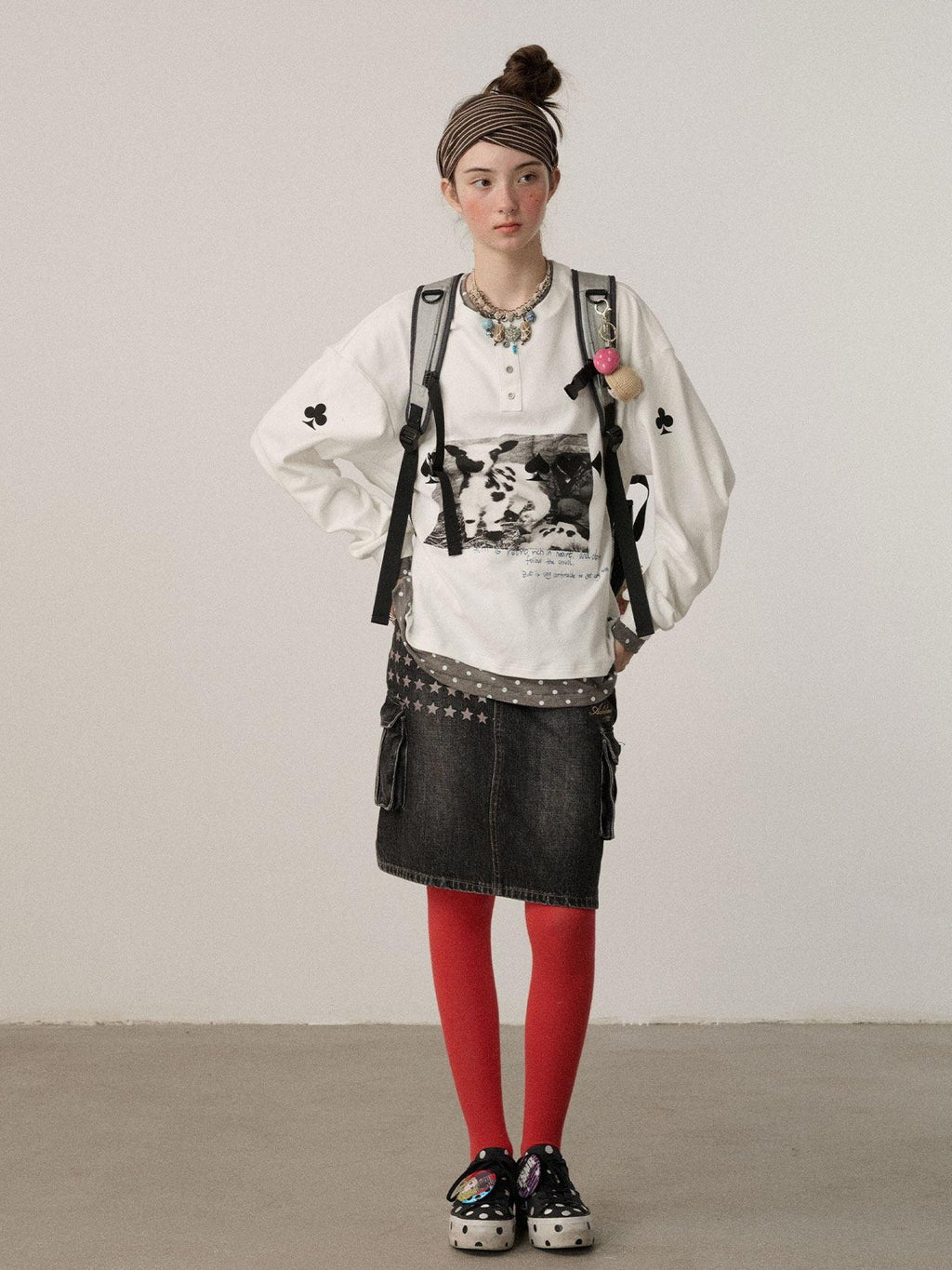 Achihara Poker Lamb Print Spliced Layered Women'S Cotton Long Sleeve T-Shirts