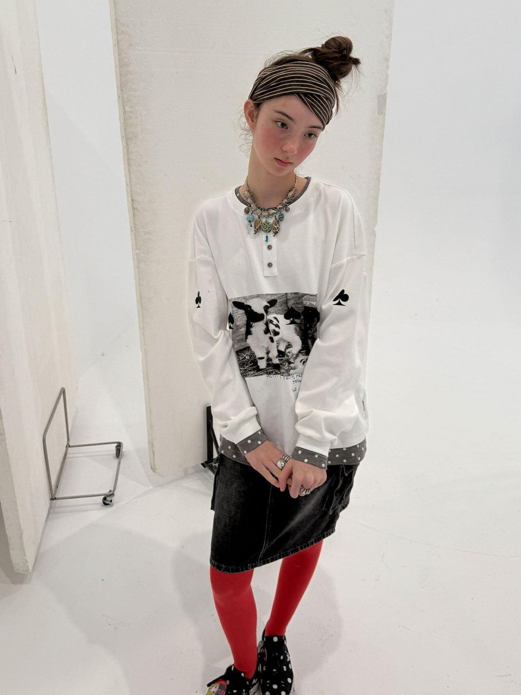 Achihara Poker Lamb Print Spliced Layered Women'S Cotton Long Sleeve T-Shirts