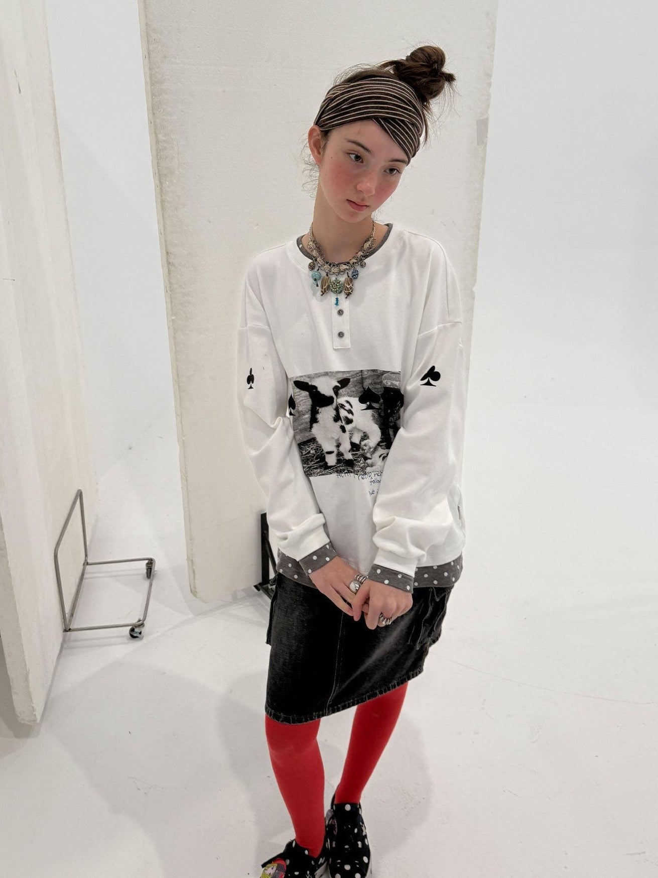 Achihara Poker Lamb Print Spliced Layered Women'S Cotton Long Sleeve T-Shirts