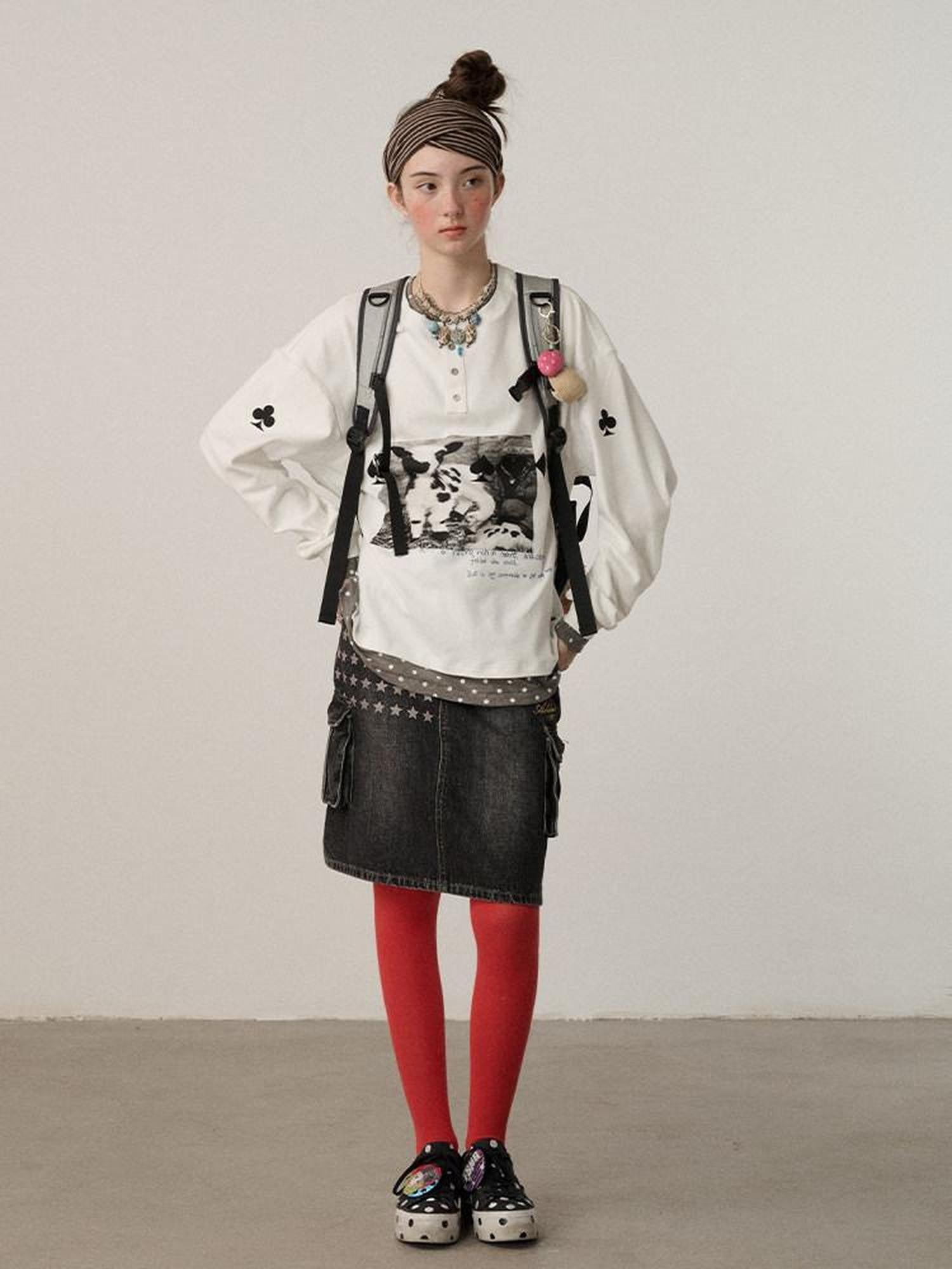 Achihara Poker Lamb Print Spliced Layered Women'S Cotton Long Sleeve T-Shirts