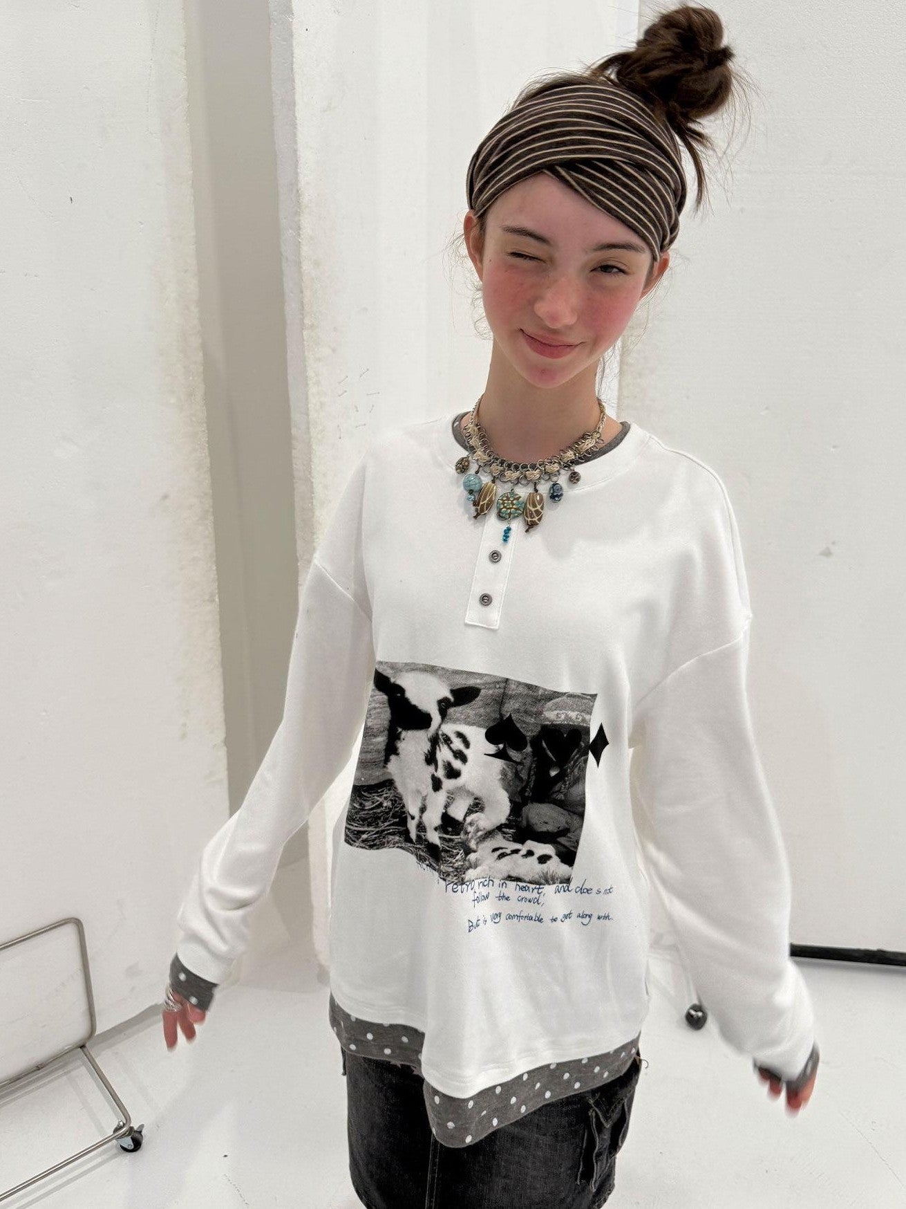 Achihara Poker Lamb Print Spliced Layered Women'S Cotton Long Sleeve T-Shirts