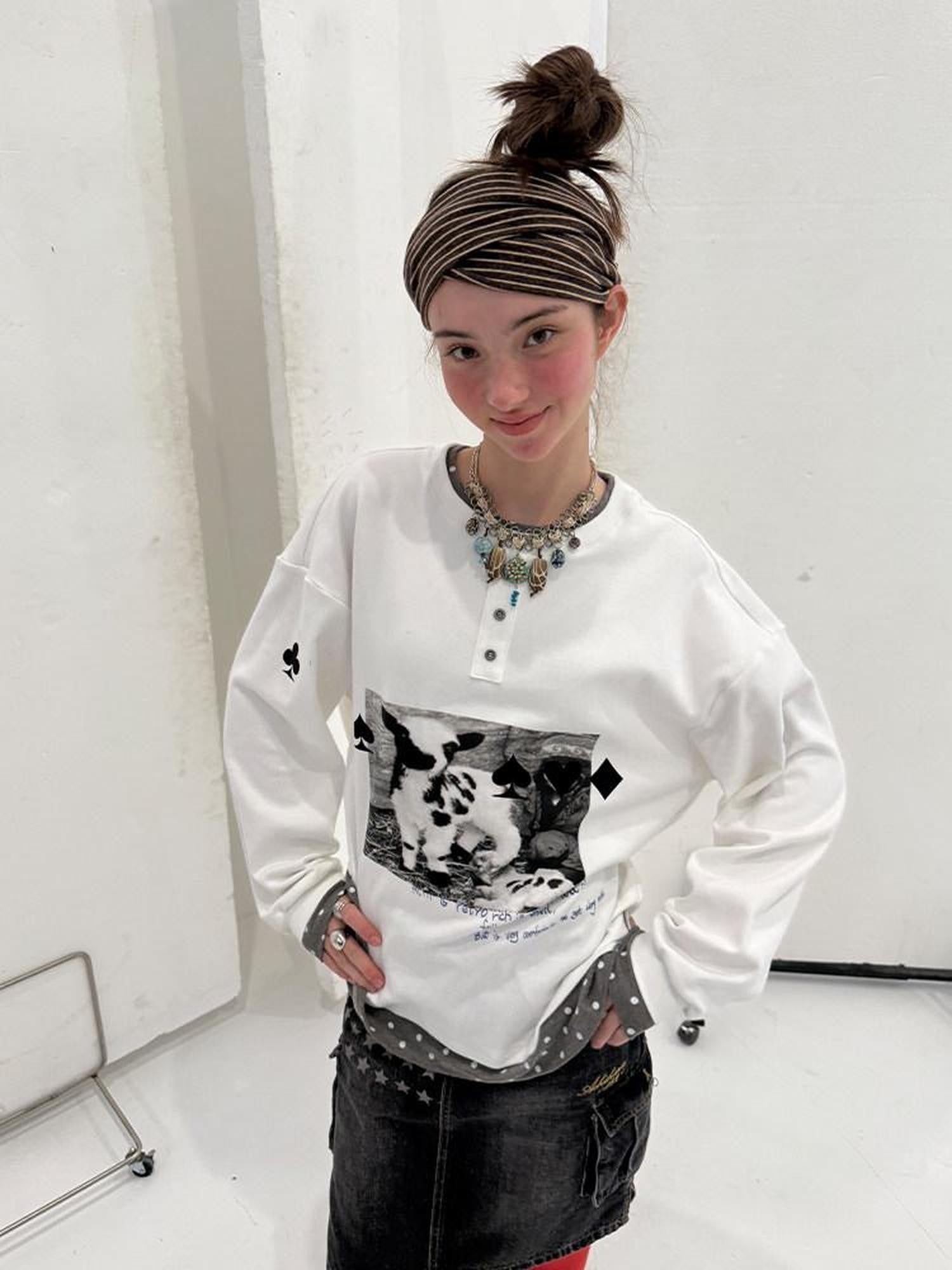 Achihara Poker Lamb Print Spliced Layered Women'S Cotton Long Sleeve T-Shirts