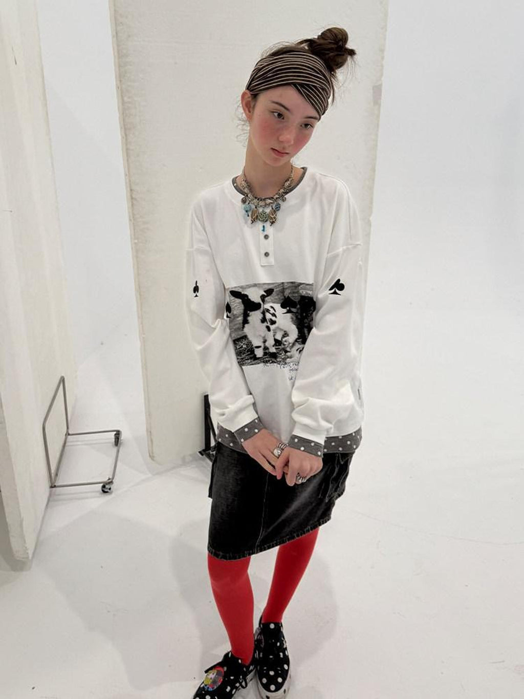 Achihara Poker Lamb Print Spliced Layered Women'S Cotton Long Sleeve T-Shirts