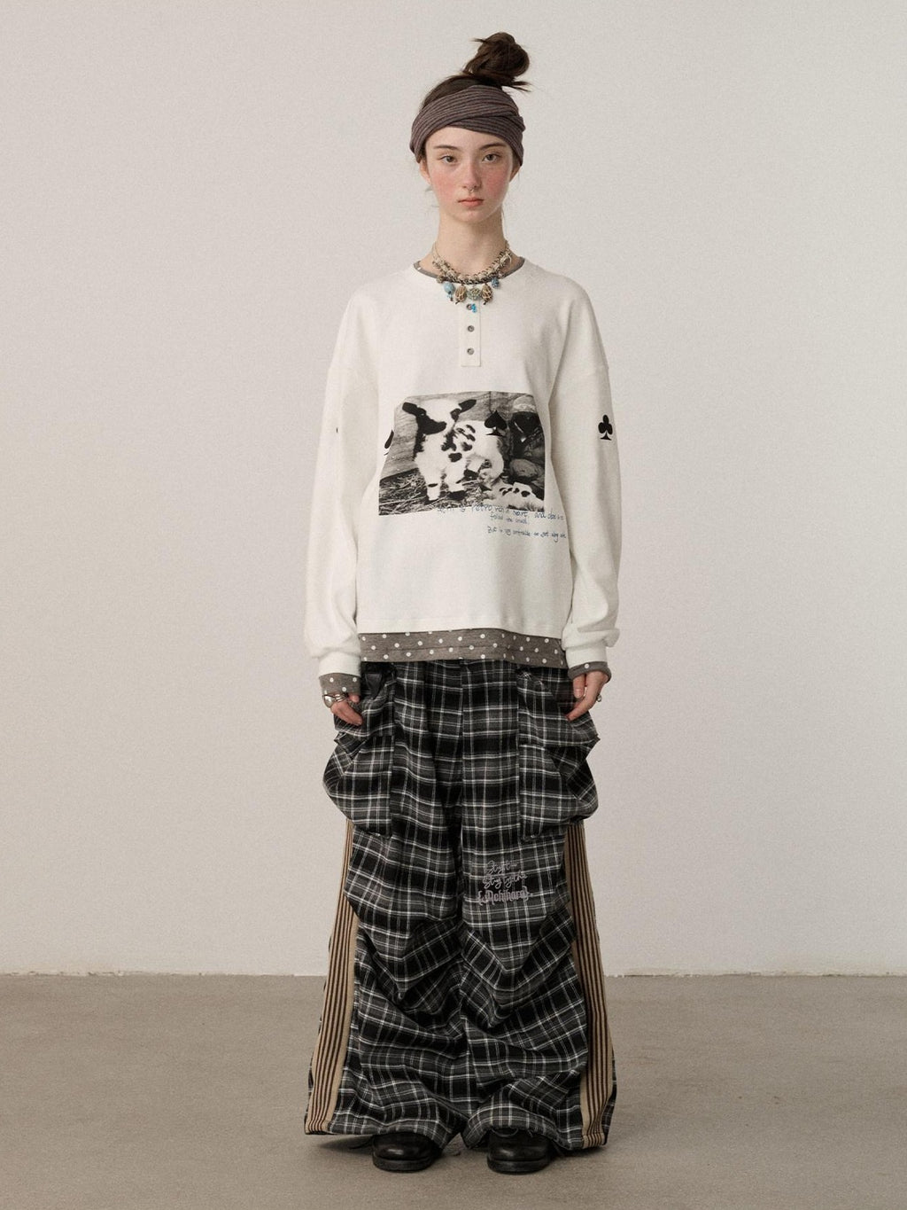 Achihara Poker Lamb Print Spliced Layered Women'S Cotton Long Sleeve T-Shirts