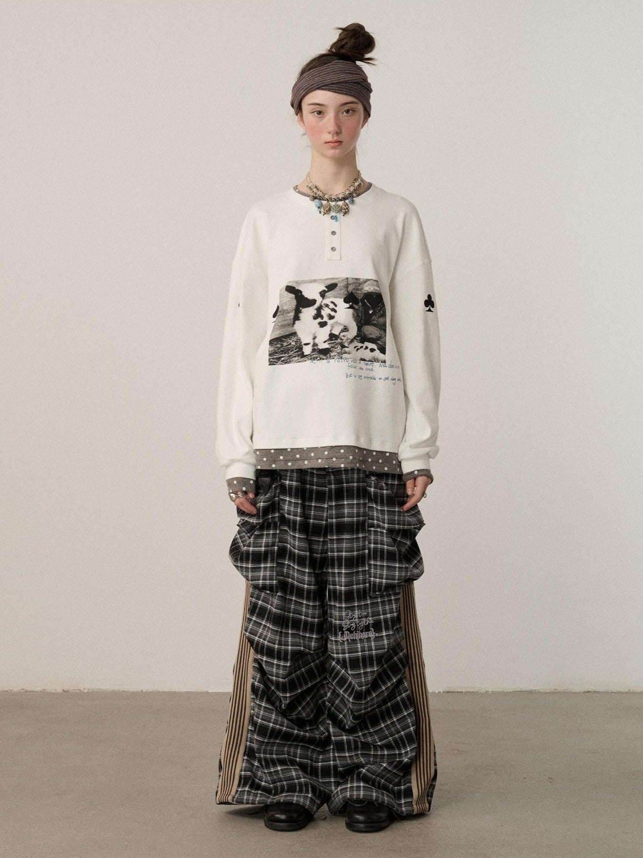 Achihara Poker Lamb Print Spliced Layered Women'S Cotton Long Sleeve T-Shirts