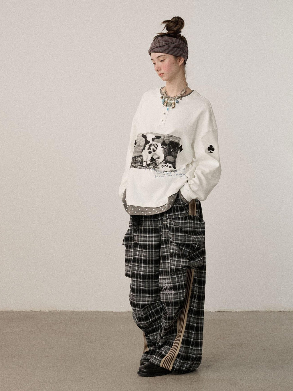 Achihara Poker Lamb Print Spliced Layered Women'S Cotton Long Sleeve T-Shirts