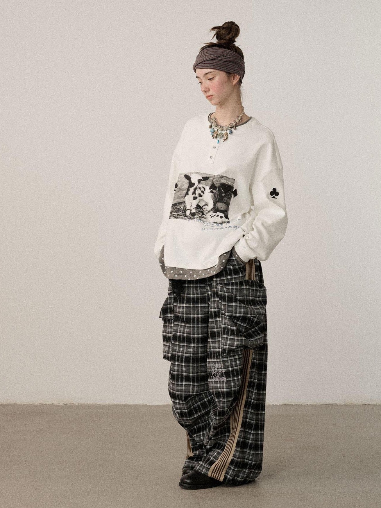 Achihara Poker Lamb Print Spliced Layered Women'S Cotton Long Sleeve T-Shirts