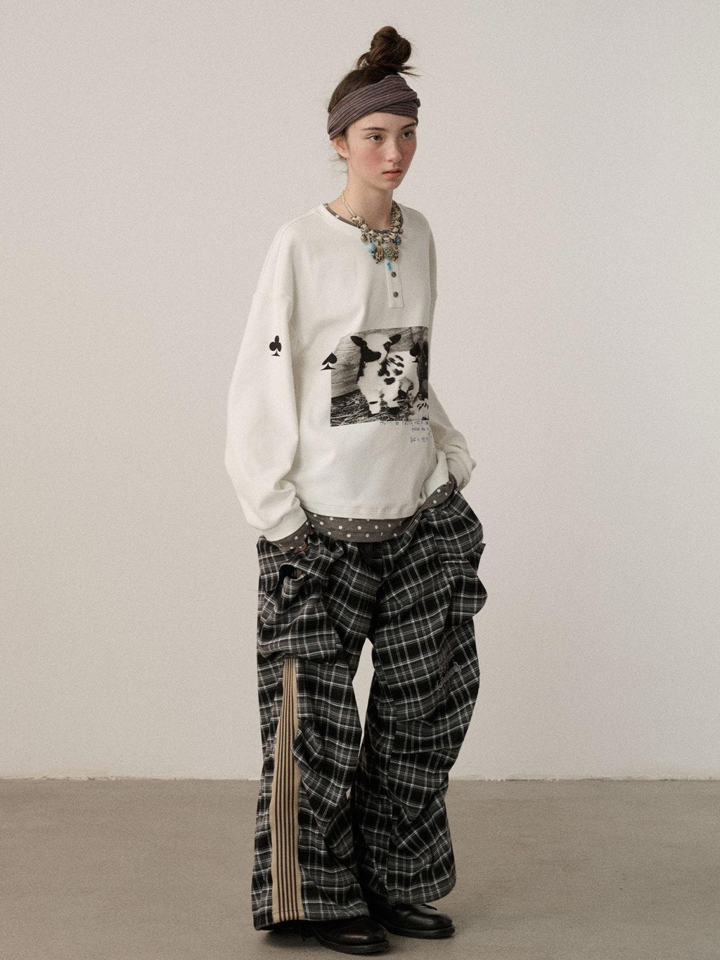 Achihara Poker Lamb Print Spliced Layered Women'S Cotton Long Sleeve T-Shirts