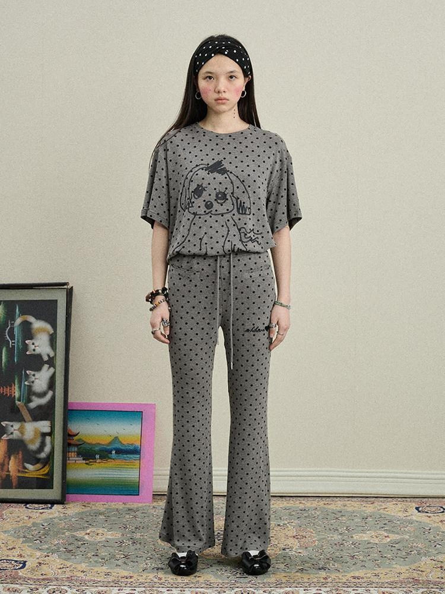 Achihara Polka Dot Asymmetric Slim Fit Elastic Waist Women'S Viscose Blend Flare Pants