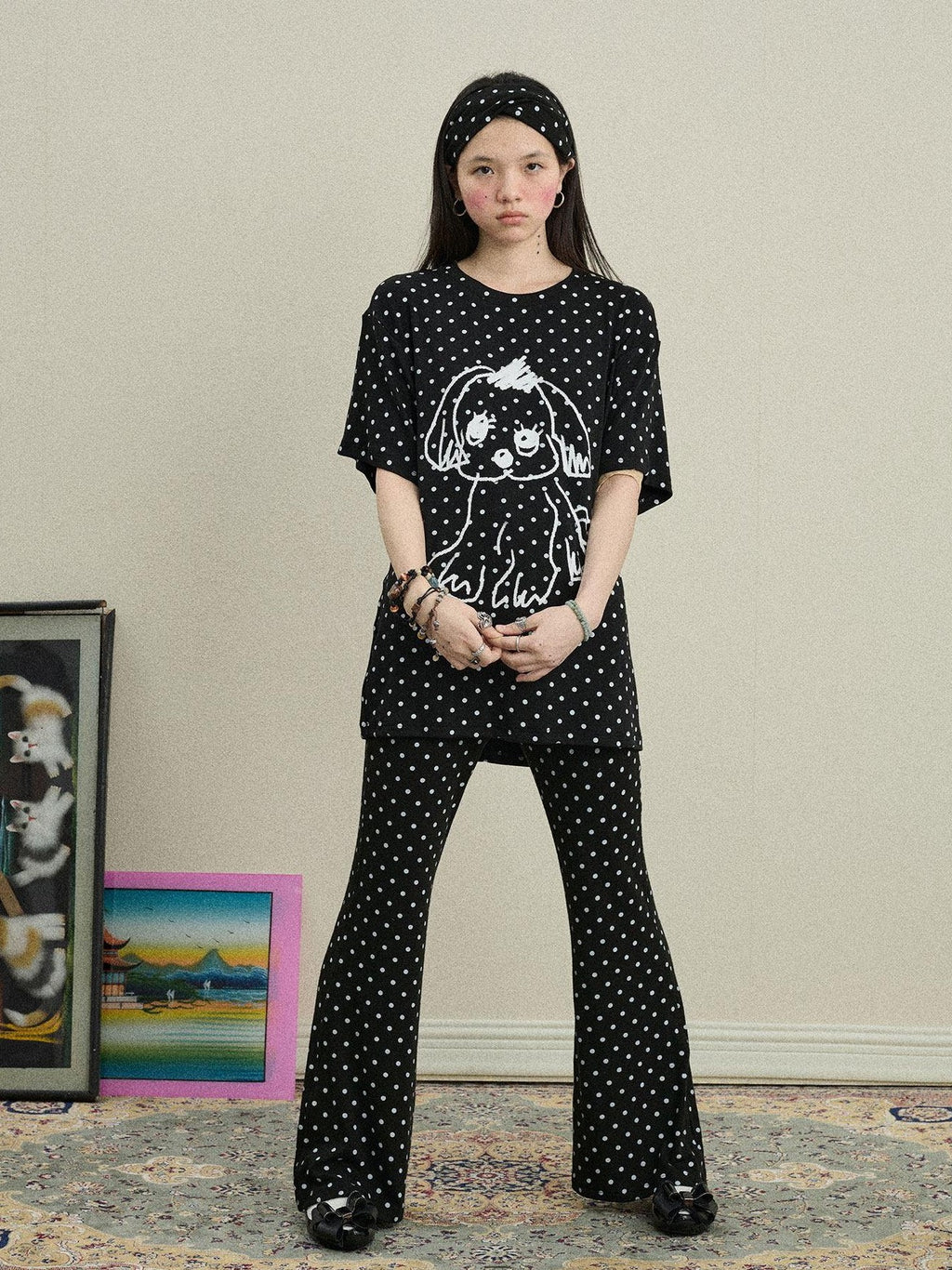 Achihara Polka Dot Asymmetric Slim Fit Elastic Waist Women'S Viscose Blend Flare Pants