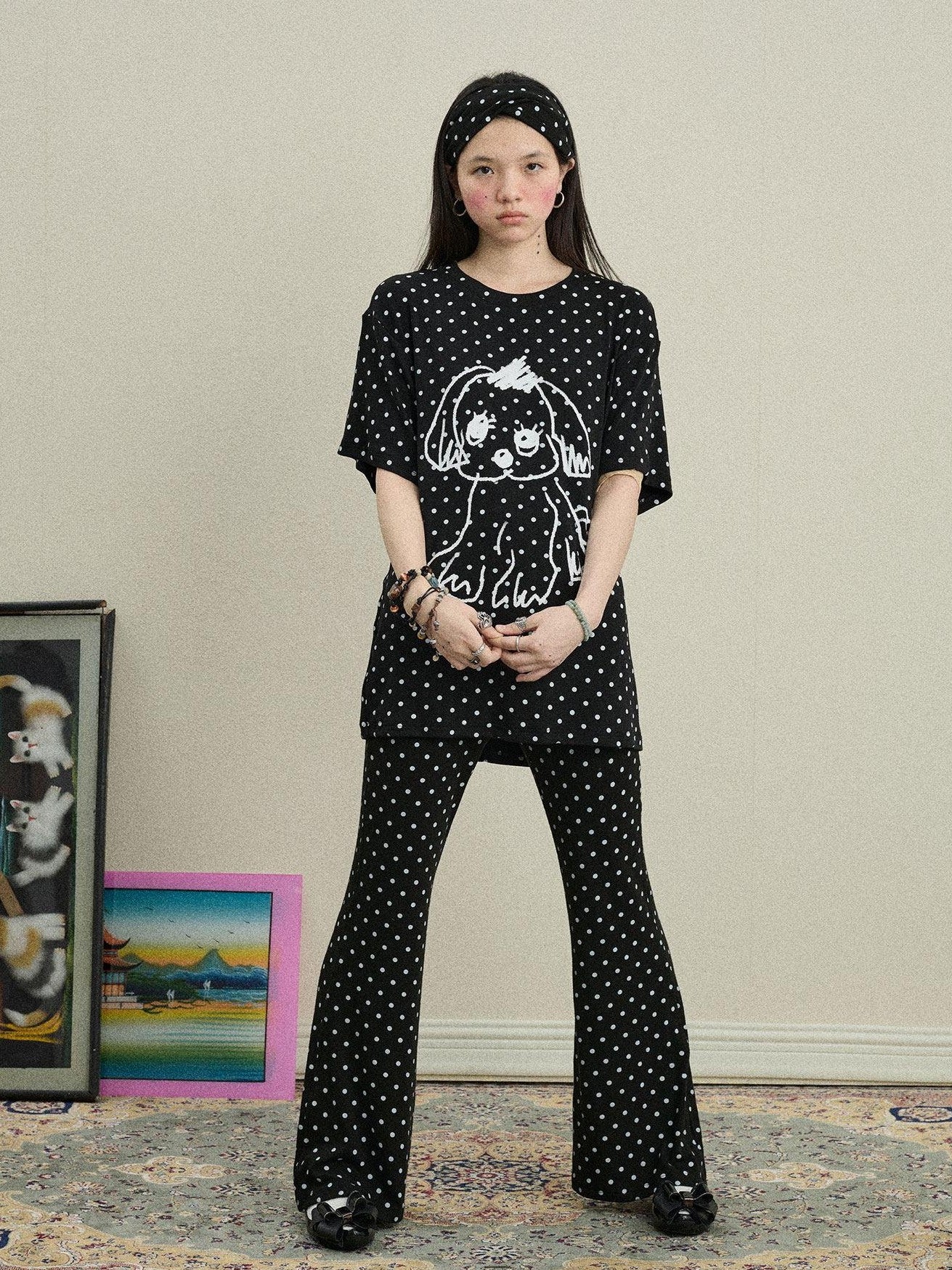 Achihara Polka Dot Asymmetric Slim Fit Elastic Waist Women'S Viscose Blend Flare Pants