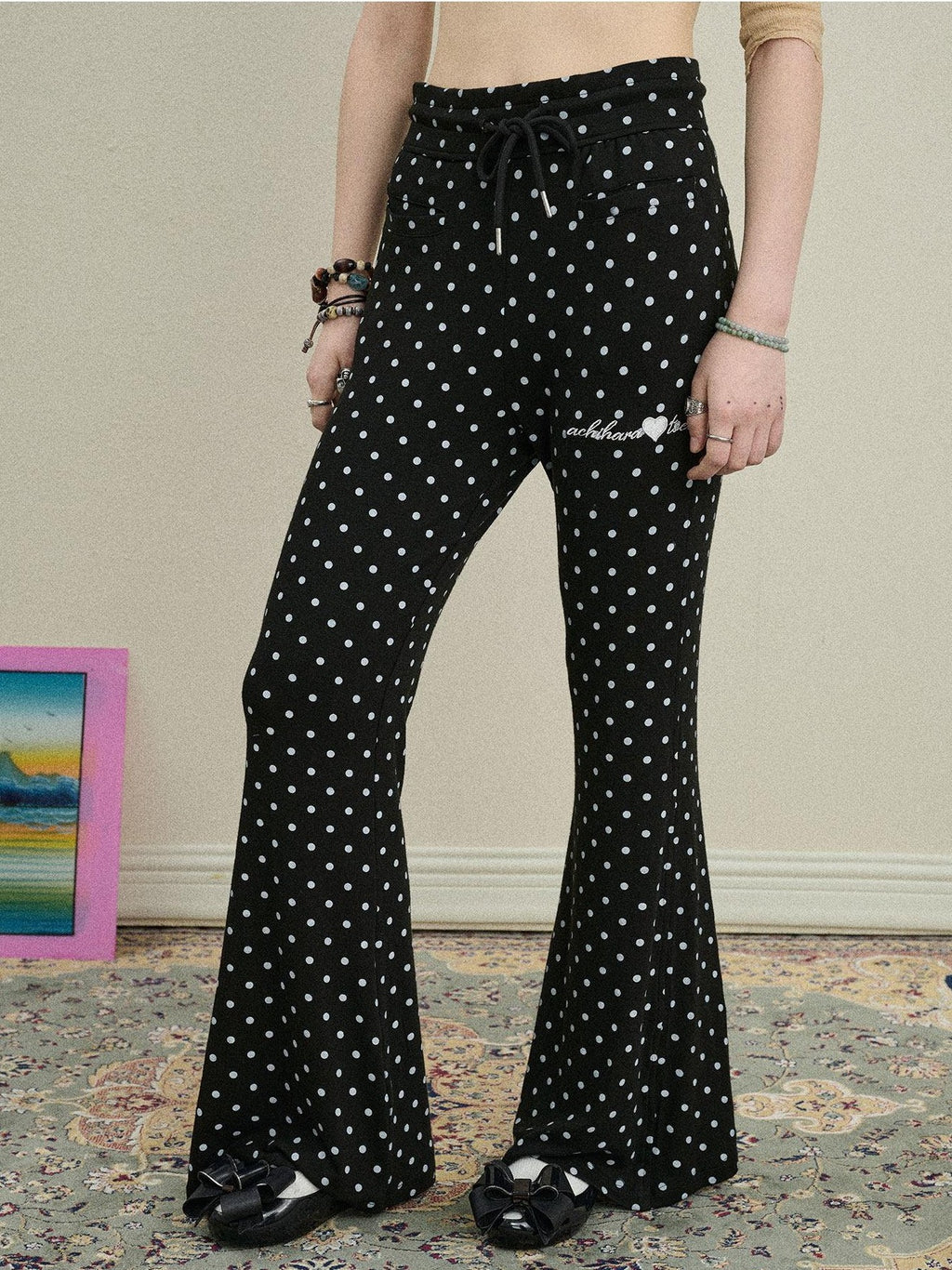 Achihara Polka Dot Asymmetric Slim Fit Elastic Waist Women'S Viscose Blend Flare Pants