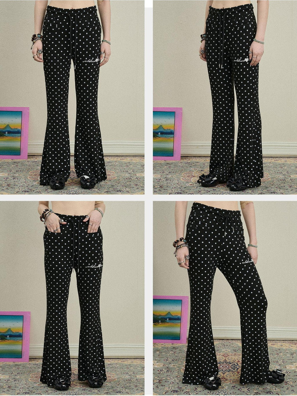 Achihara Polka Dot Asymmetric Slim Fit Elastic Waist Women'S Viscose Blend Flare Pants