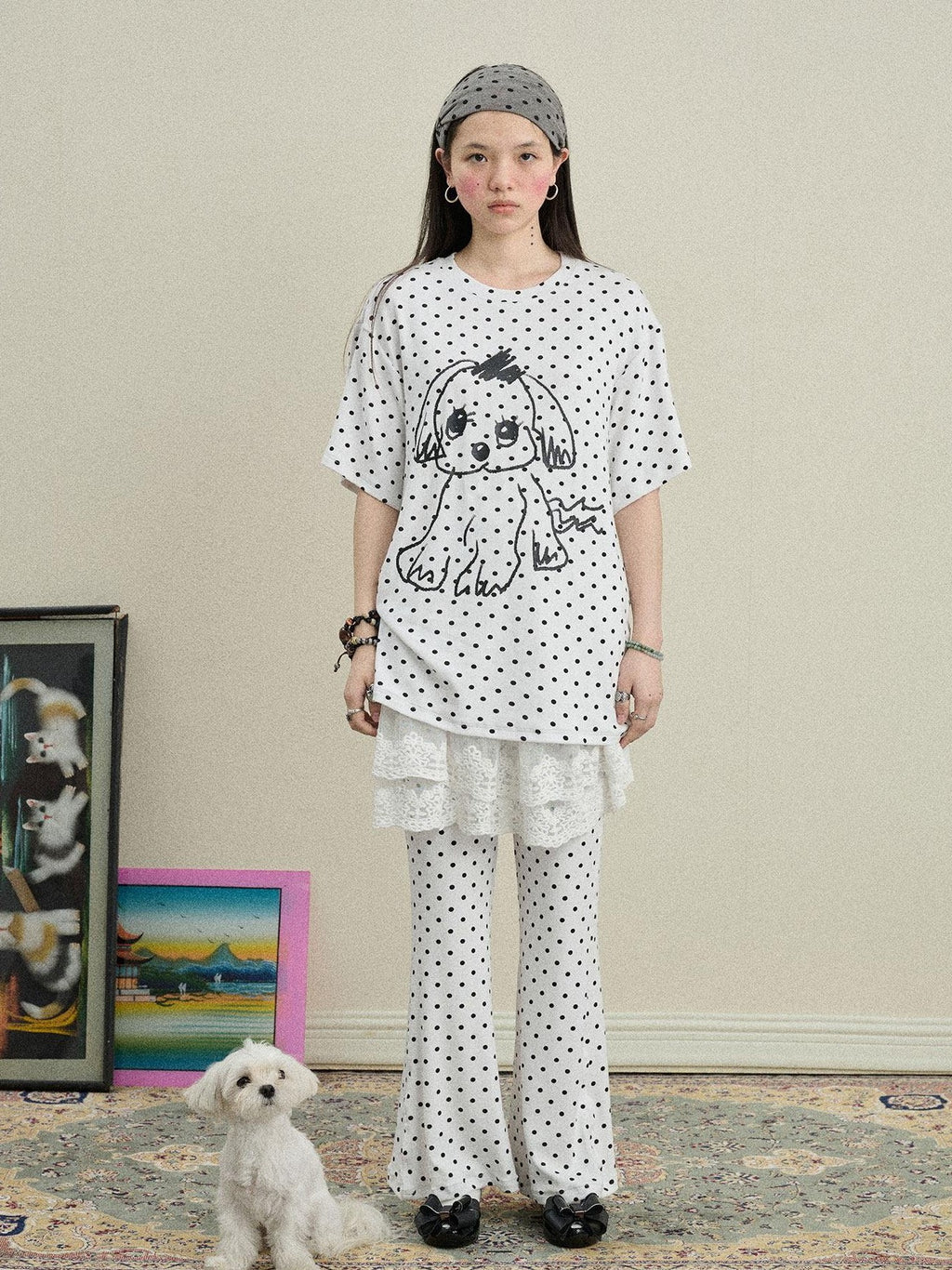 Achihara Polka Dot Asymmetric Slim Fit Elastic Waist Women'S Viscose Blend Flare Pants
