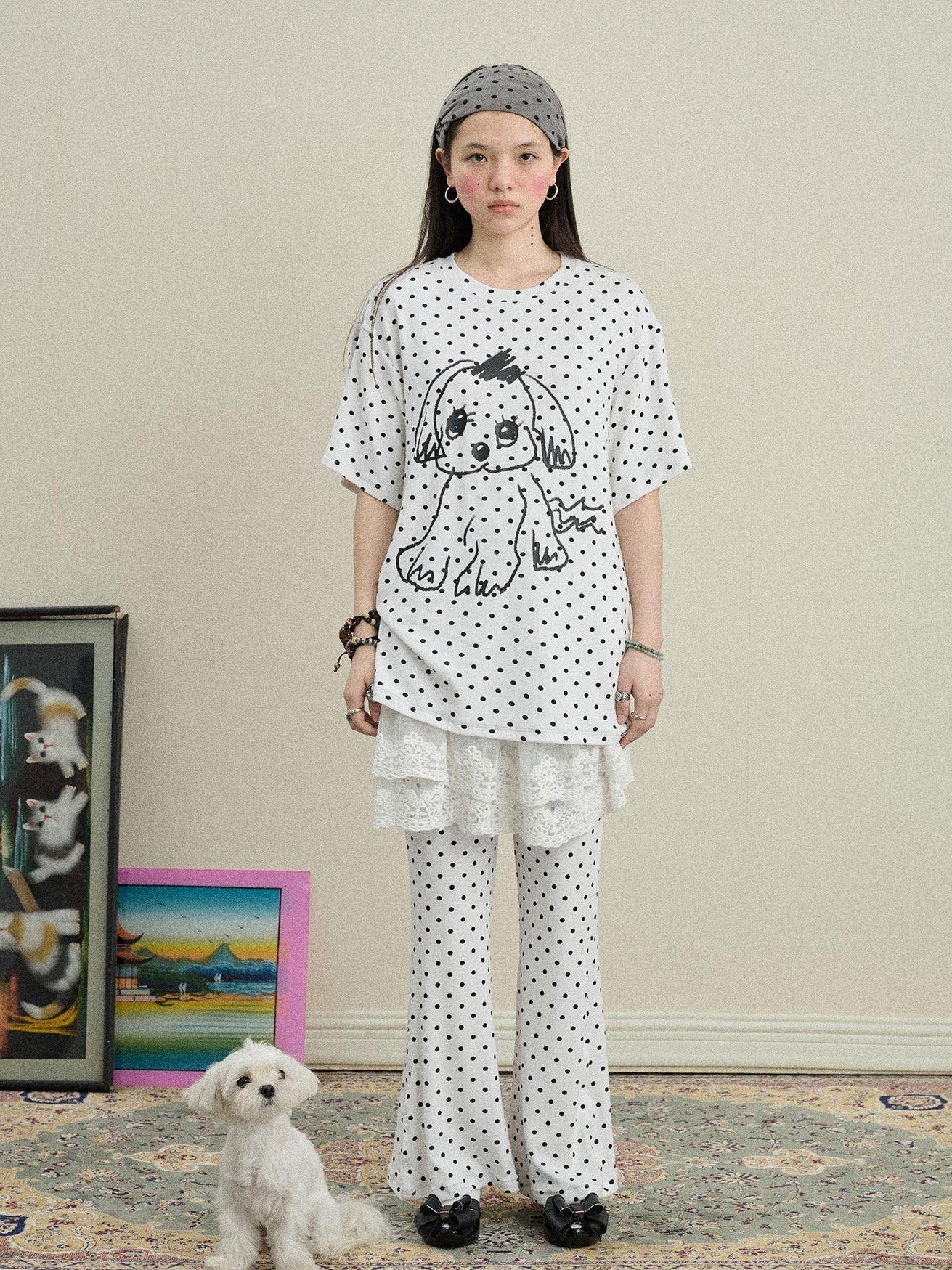 Achihara Polka Dot Asymmetric Slim Fit Elastic Waist Women'S Viscose Blend Flare Pants