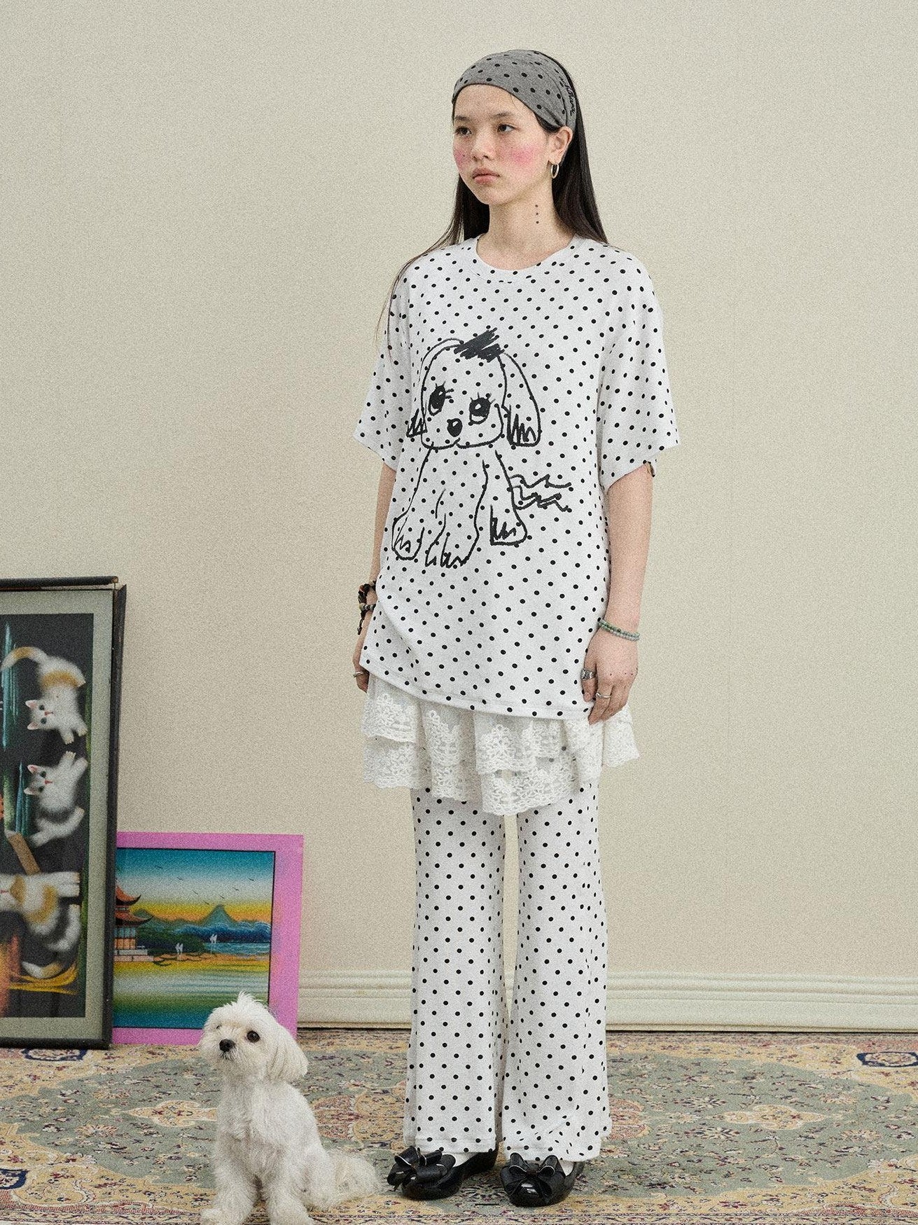 Achihara Polka Dot Asymmetric Slim Fit Elastic Waist Women'S Viscose Blend Flare Pants