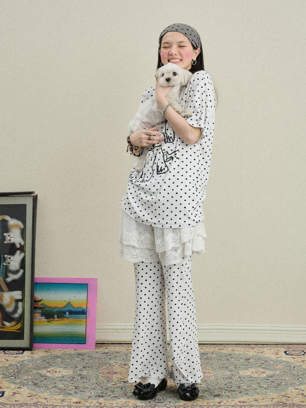 Achihara Polka Dot Asymmetric Slim Fit Elastic Waist Women'S Viscose Blend Flare Pants
