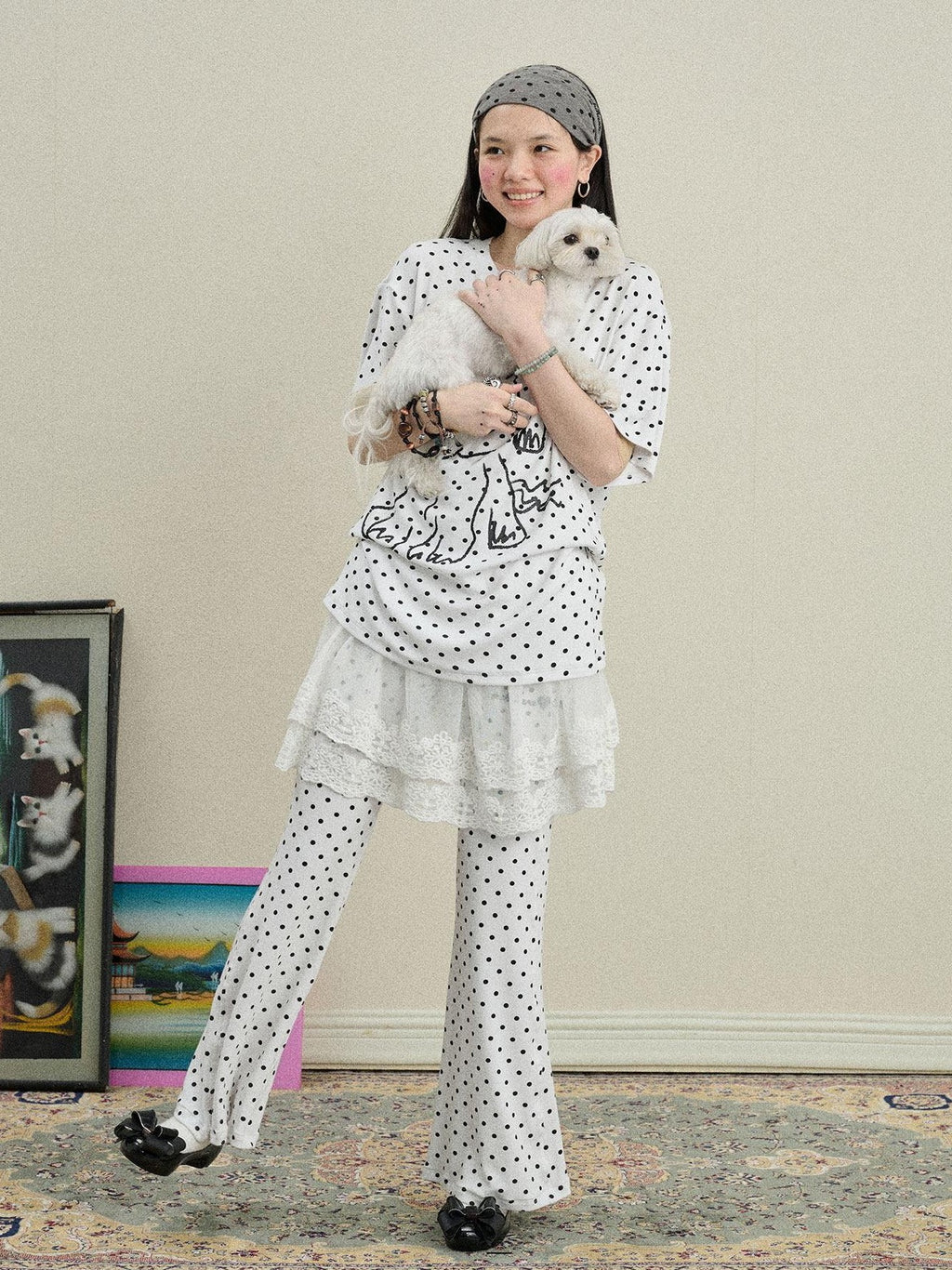 Achihara Polka Dot Asymmetric Slim Fit Elastic Waist Women'S Viscose Blend Flare Pants