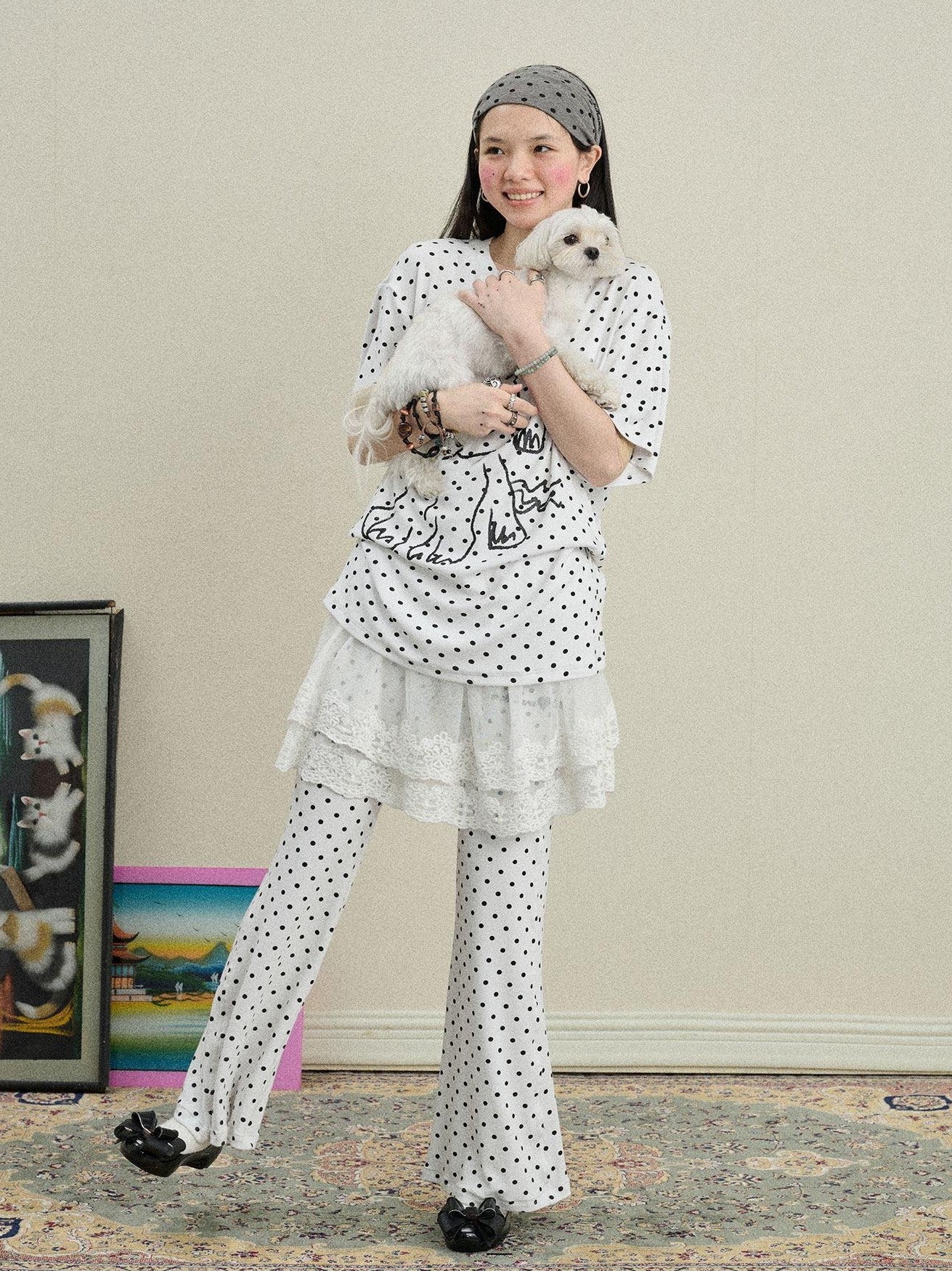 Achihara Polka Dot Asymmetric Slim Fit Elastic Waist Women'S Viscose Blend Flare Pants