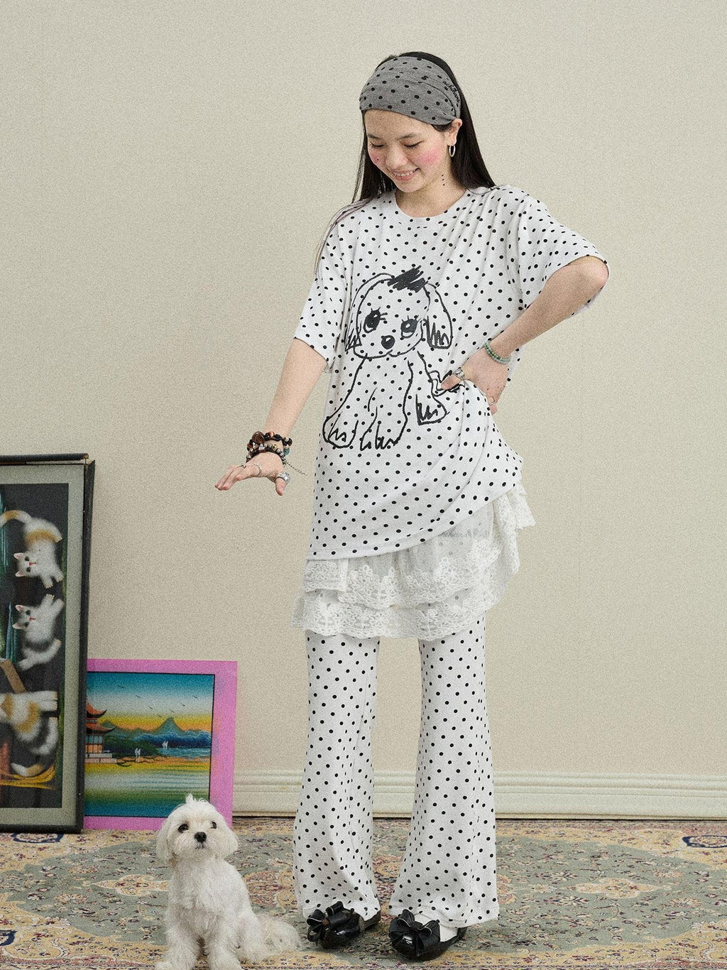 Achihara Polka Dot Asymmetric Slim Fit Elastic Waist Women'S Viscose Blend Flare Pants