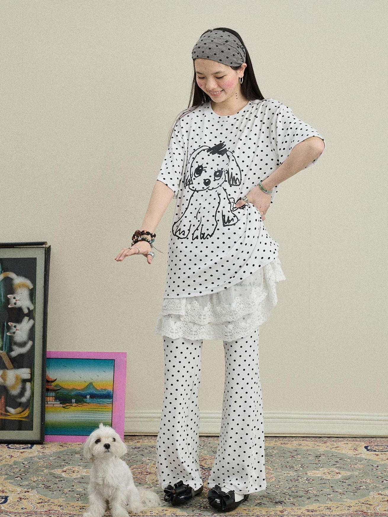 Achihara Polka Dot Asymmetric Slim Fit Elastic Waist Women'S Viscose Blend Flare Pants